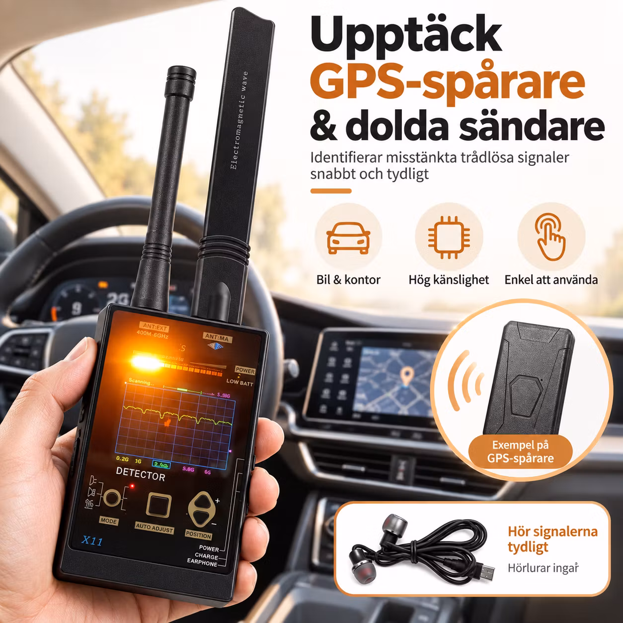 RF-detektor för dolda kameror, avlyssning och GPS-spårare