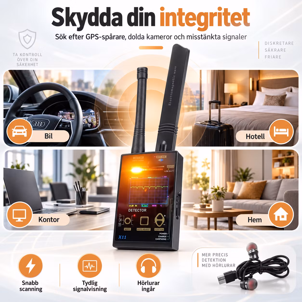 RF-detektor för dolda kameror, avlyssning och GPS-spårare