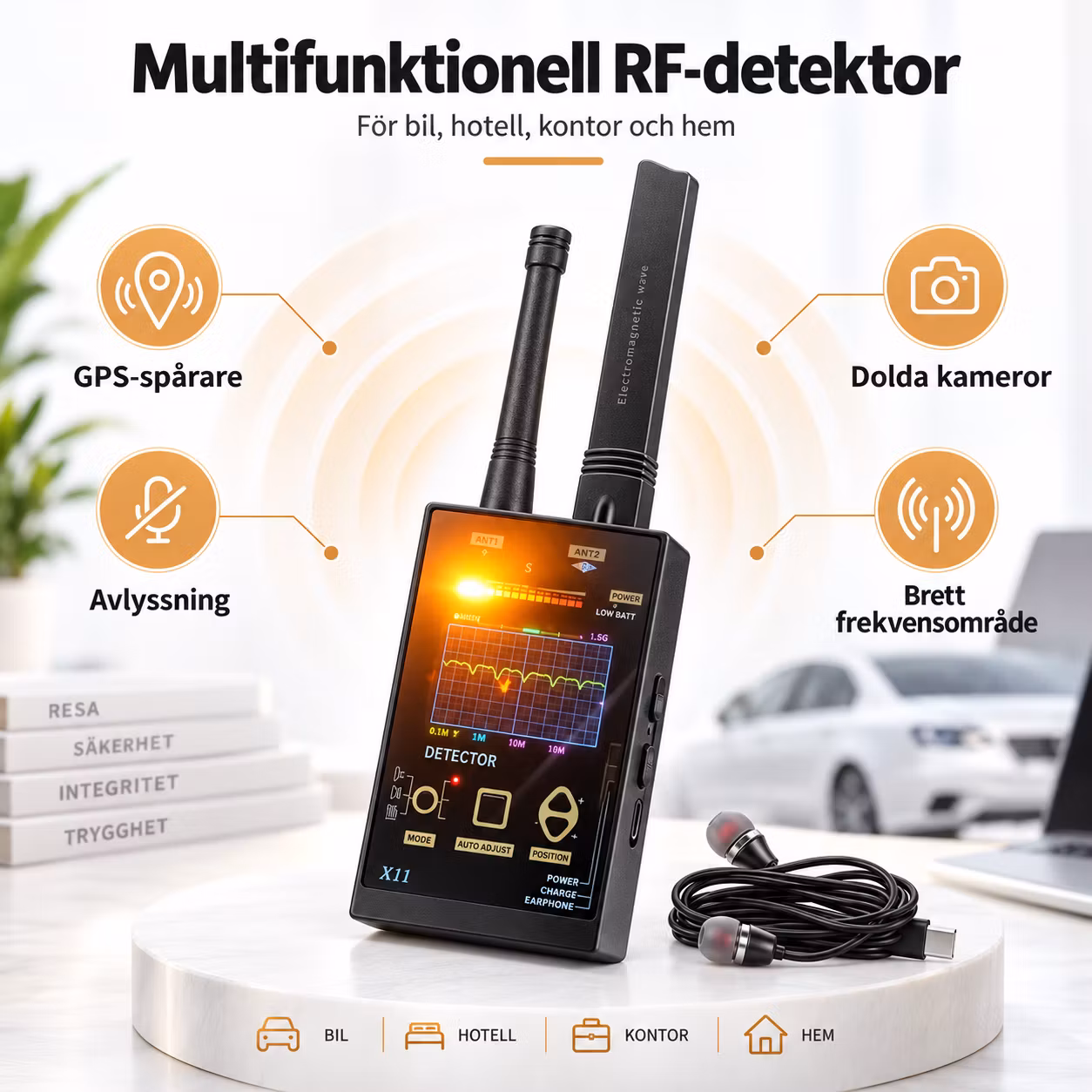 RF-detektor för dolda kameror, avlyssning och GPS-spårare