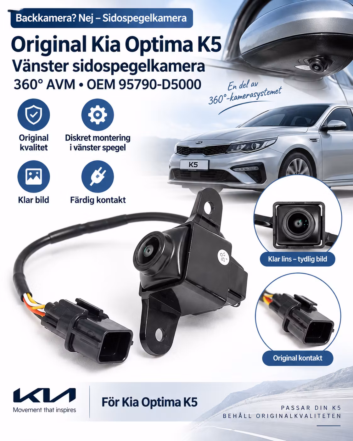Original Kia Optima K5 Vänster Sidospegelkamera 360° AVM OEM 95790-D5000 LH Side View Camera
