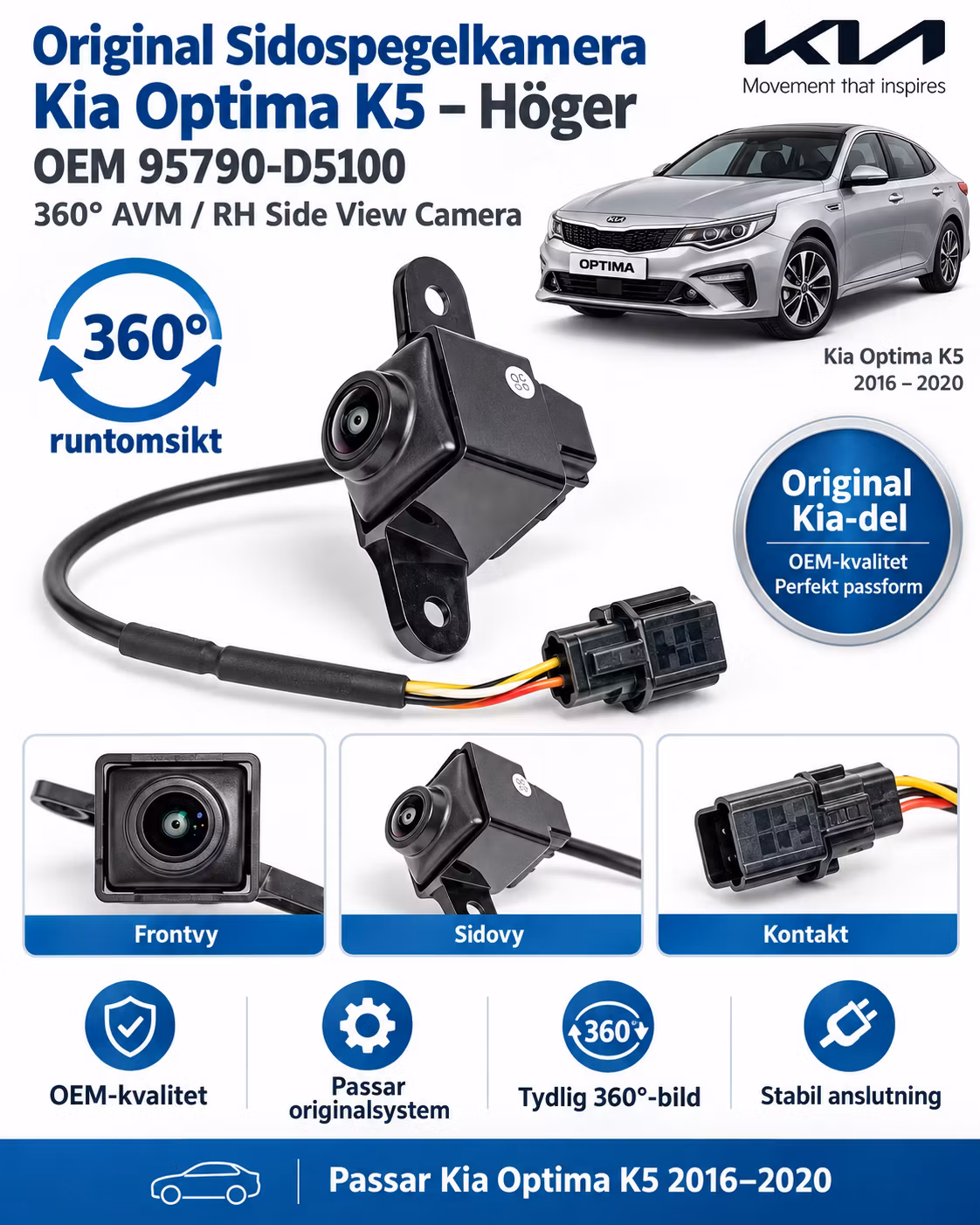 Kia Optima Höger Sidokamera 2016–2020 – OEM 95790-D5100 Original 360° AVM Spegelkamera