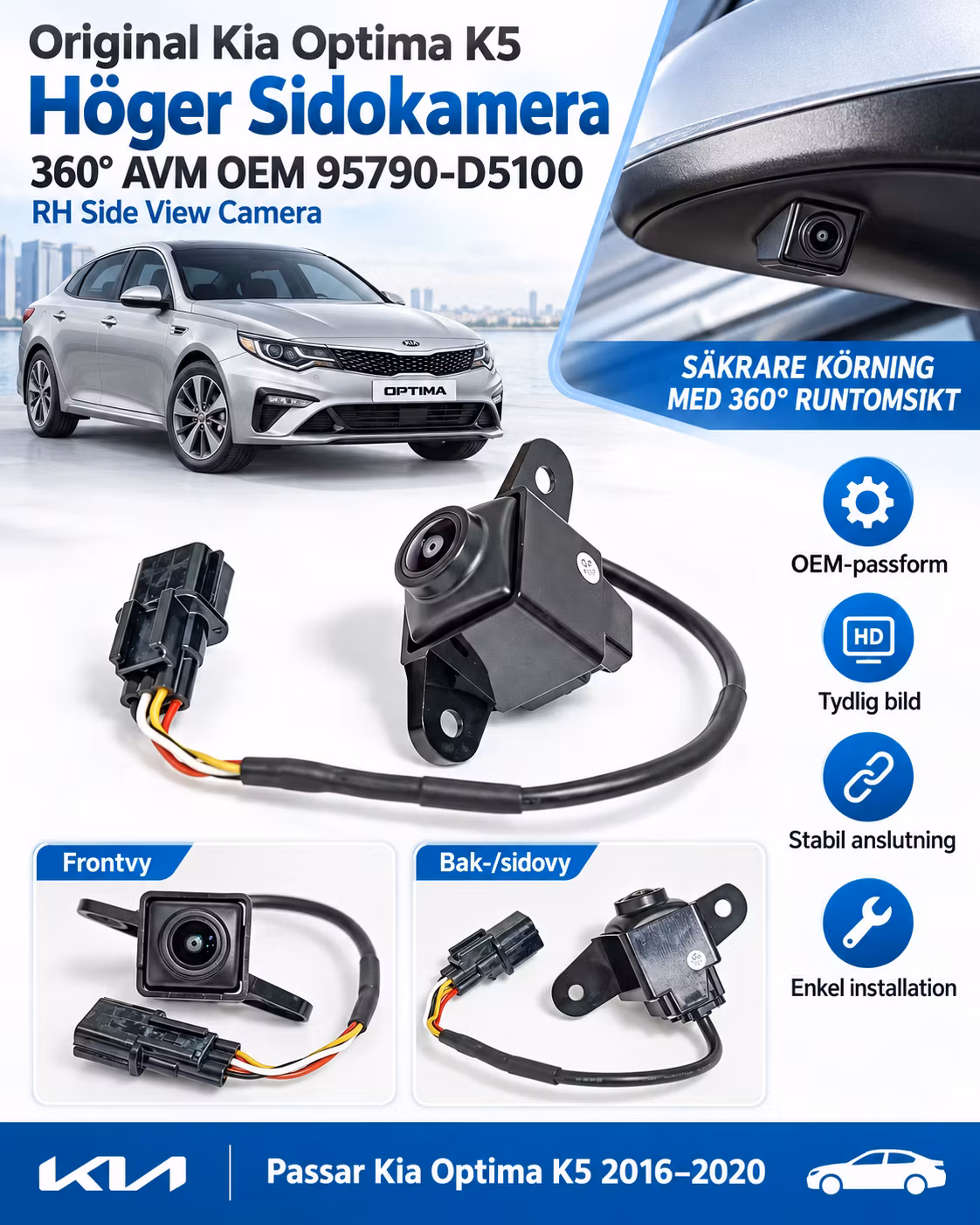 Kia Optima Höger Sidokamera 2016–2020 – OEM 95790-D5100 Original 360° AVM Spegelkamera
