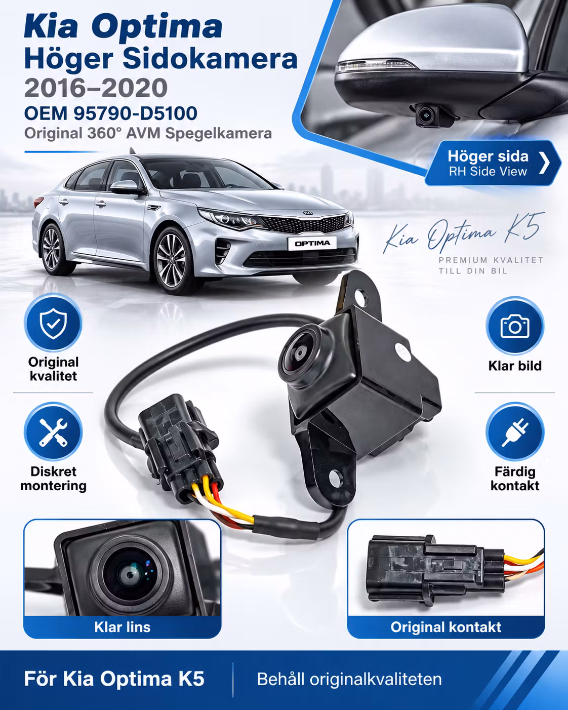 Kia Optima Höger Sidokamera 2016–2020 – OEM 95790-D5100 Original 360° AVM Spegelkamera