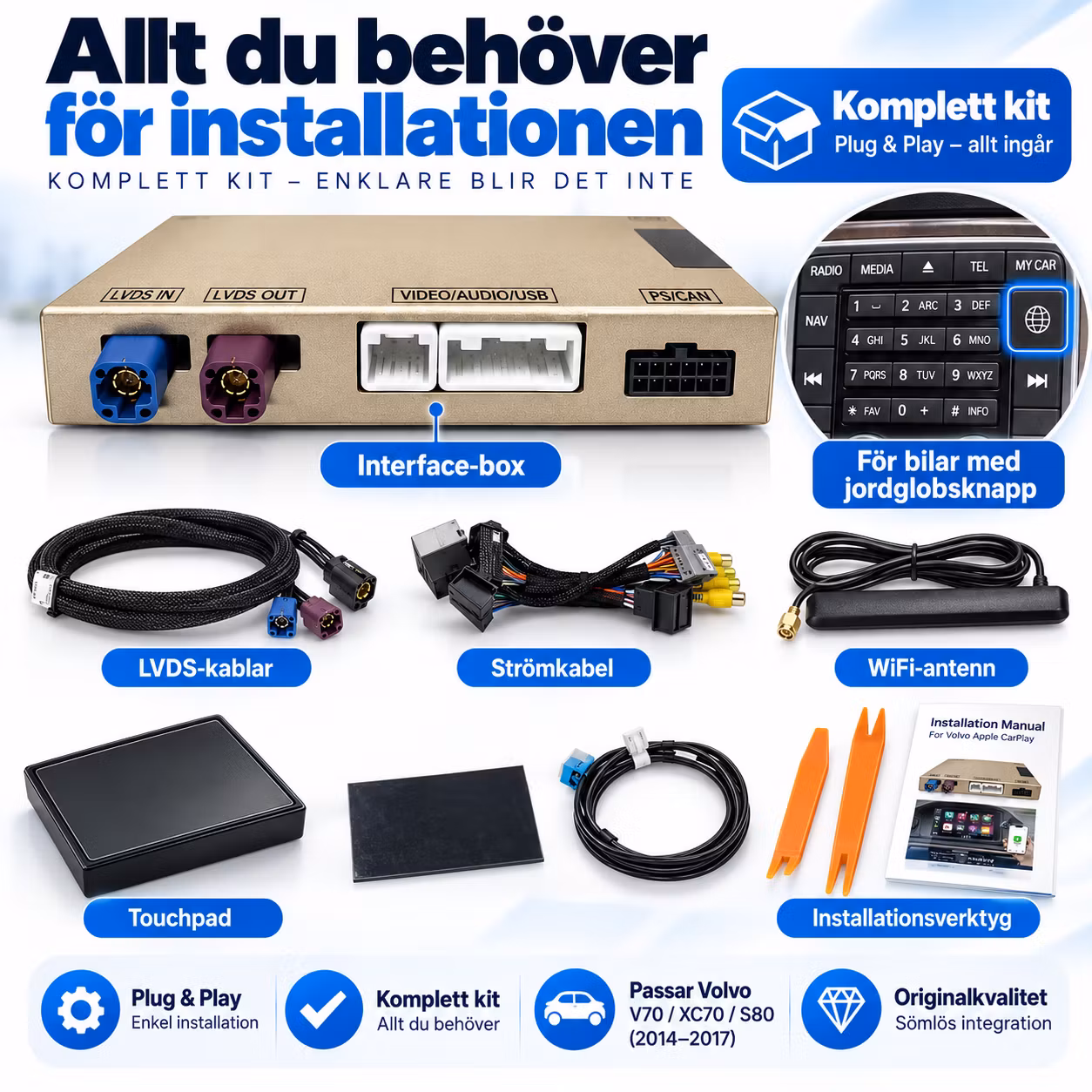 Trådlös Apple CarPlay & Android Auto för Volvo V70 / XC70 / S80 (2014–2017) – Plug & Play Interface + Gratis Backkamera
