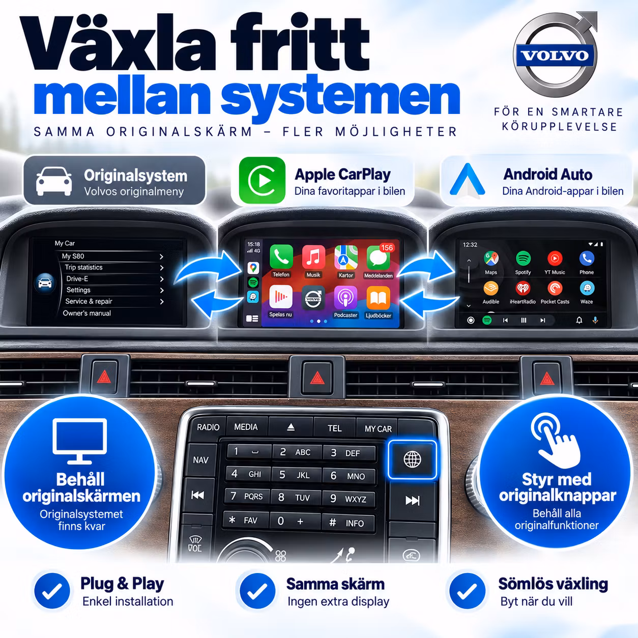 Trådlös Apple CarPlay & Android Auto för Volvo V70 / XC70 / S80 (2014–2017) – Plug & Play Interface + Gratis Backkamera