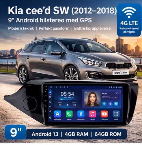 9" Android 13 Bilstereo Kia cee’d 2012–2018 – GPS, 4G LTE, CarPlay, Android Auto, Bluetooth, WiFi, DSP, 4GB RAM/64GB ROM+ gratis backksmera