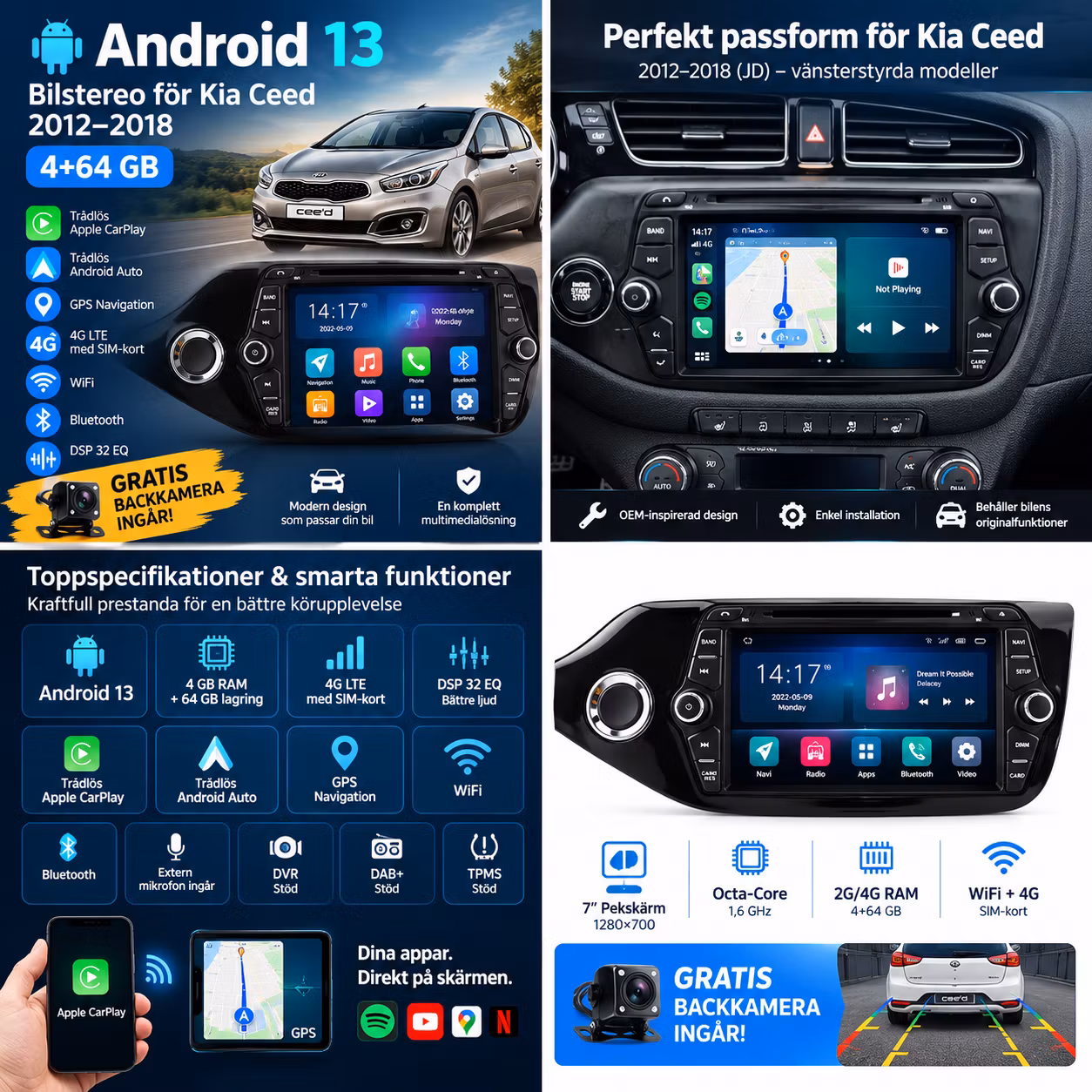 7" Android 13 Bilstereo Kia Ceed 2012–2018 – 4+64 GB, 4G LTE, CarPlay, Android Auto & GPS + Gratis Backkamera