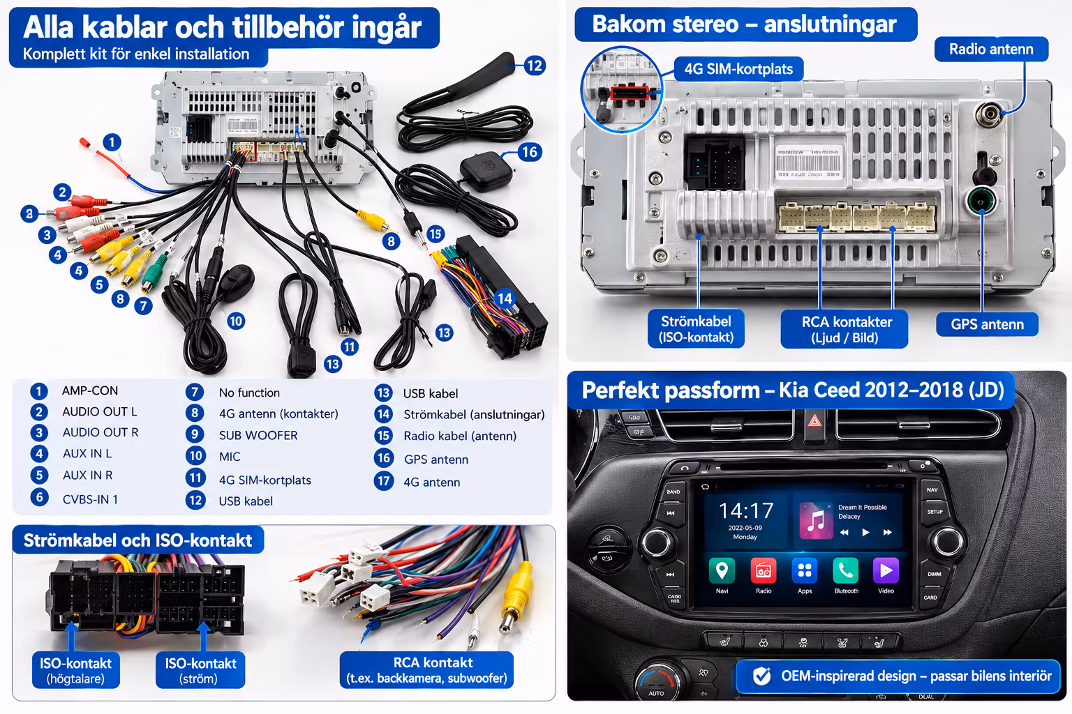 7" Android 13 Bilstereo Kia Ceed 2012–2018 – 4+64 GB, 4G LTE, CarPlay, Android Auto & GPS + Gratis Backkamera
