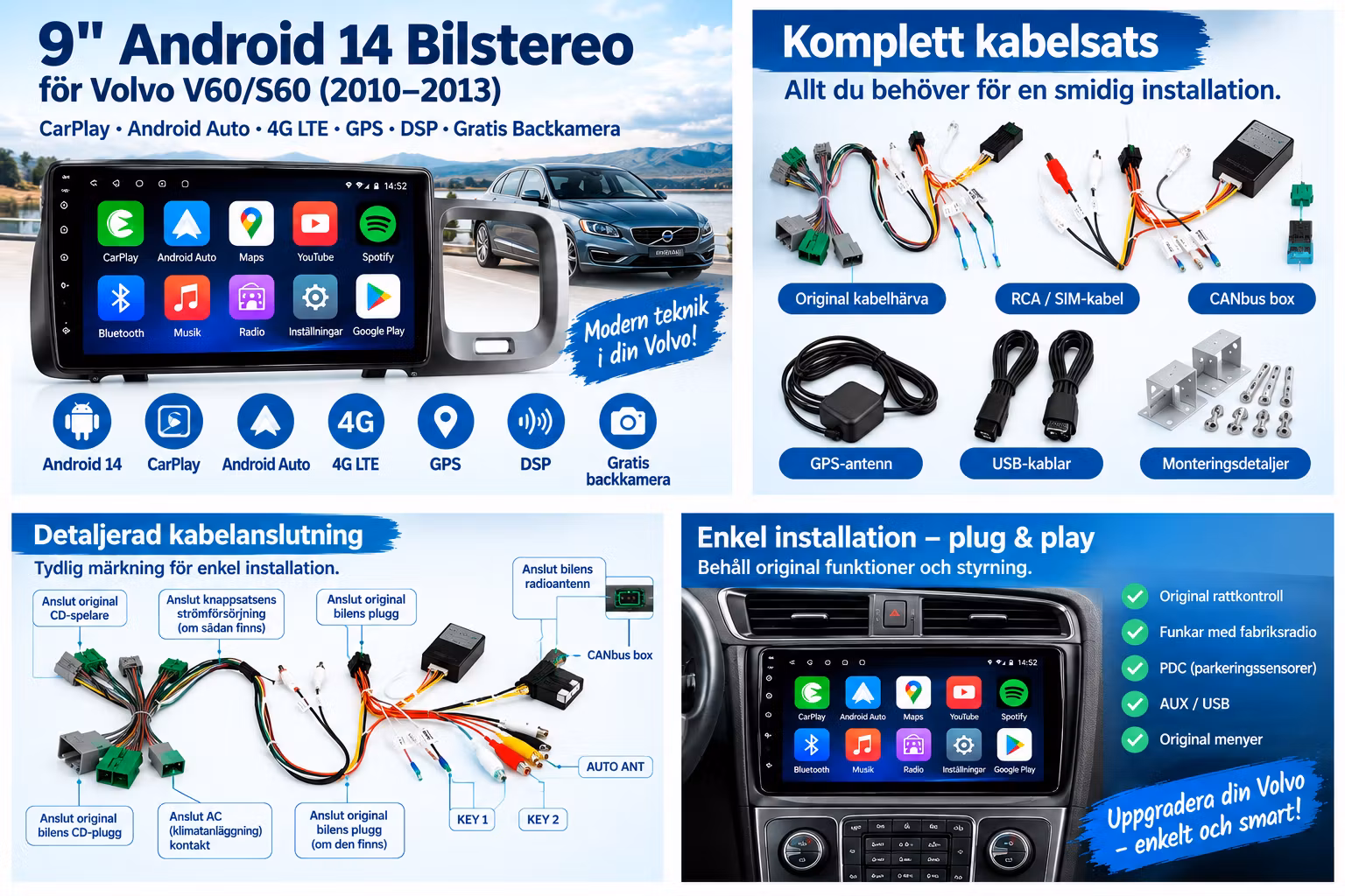 9" Android 14 Bilstereo för Volvo V60/S60  (2010–2013) – CarPlay, Android Auto, 4G LTE, GPS, DSP & Gratis Backkamera