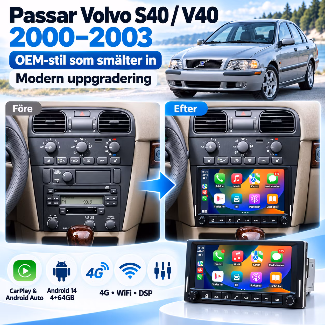 Volvo S40 / V40 2000–2003 , 7” Android 15 Bilstereo 4+64GB 4G – Trådlös CarPlay, Android Auto, GPS, DSP + Gratis Backkamera