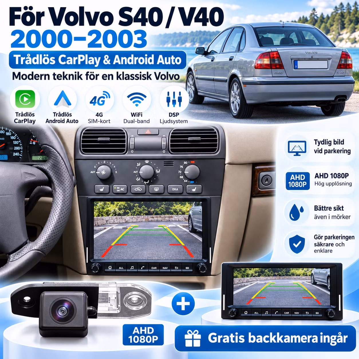 Volvo S40 / V40 2000–2003 , 7” Android 15 Bilstereo 4+64GB 4G – Trådlös CarPlay, Android Auto, GPS, DSP + Gratis Backkamera