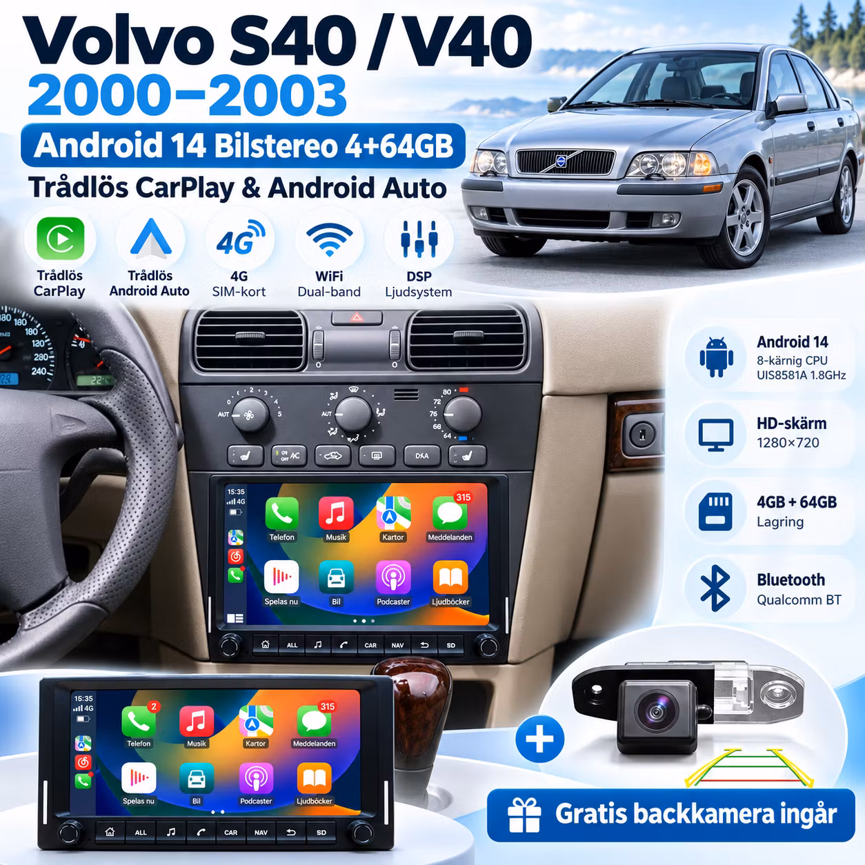 Volvo S40 / V40 2000–2003 , 7” Android 15 Bilstereo 4+64GB 4G – Trådlös CarPlay, Android Auto, GPS, DSP + Gratis Backkamera