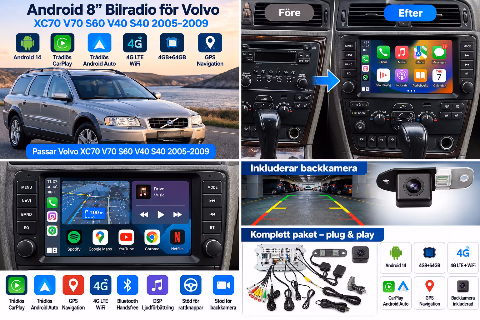 Volvo S60 V70 XC70 S40 V40 2005–2009 8” Android 14 Bilstereo 4GB+64GB – Trådlös CarPlay, Android Auto, 4G, GPS, DSP + Gratis AHD Backkamera