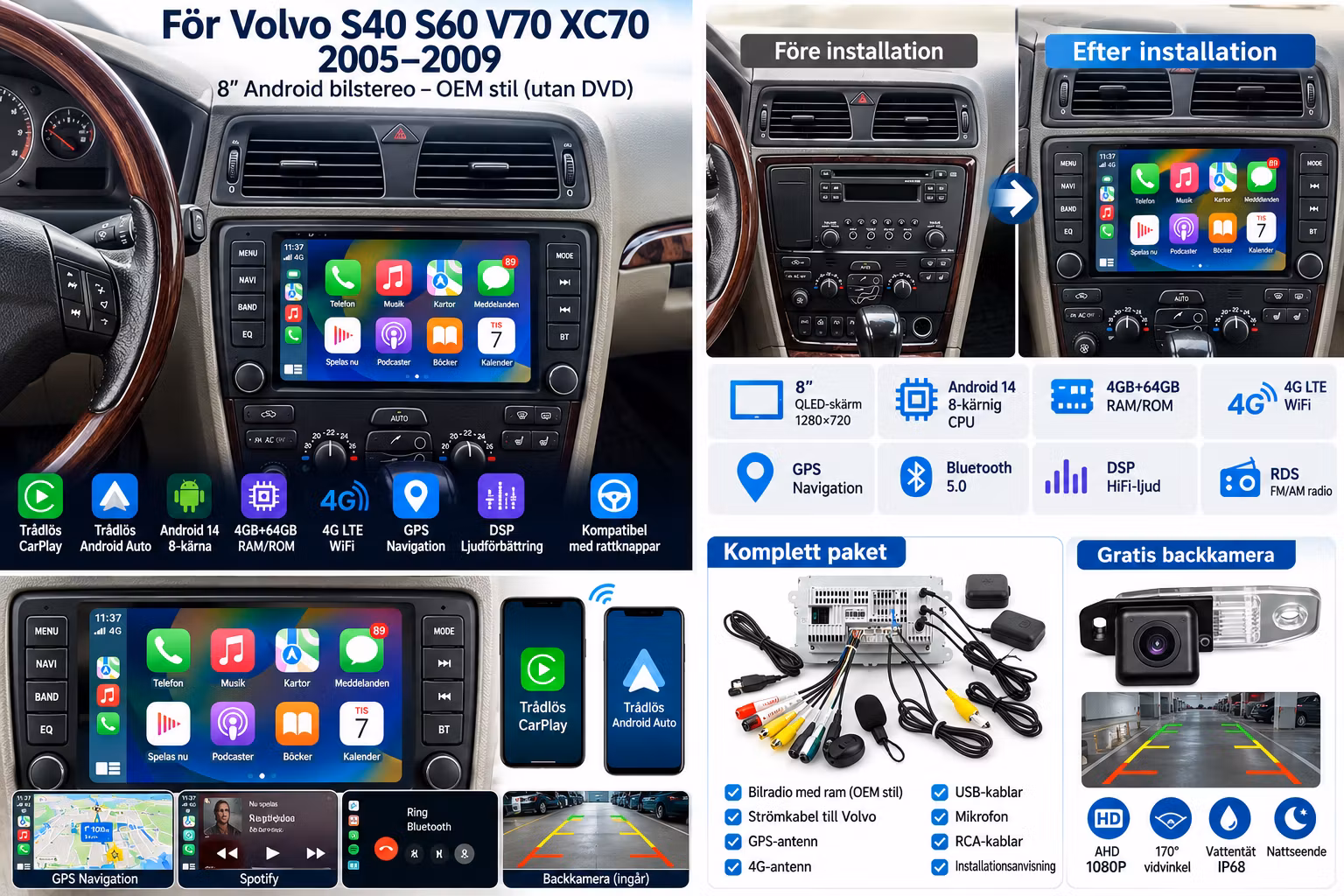 Volvo S60 V70 XC70 S40 V40 2005–2009 8” Android 14 Bilstereo 4GB+64GB – Trådlös CarPlay, Android Auto, 4G, GPS, DSP + Gratis AHD Backkamera