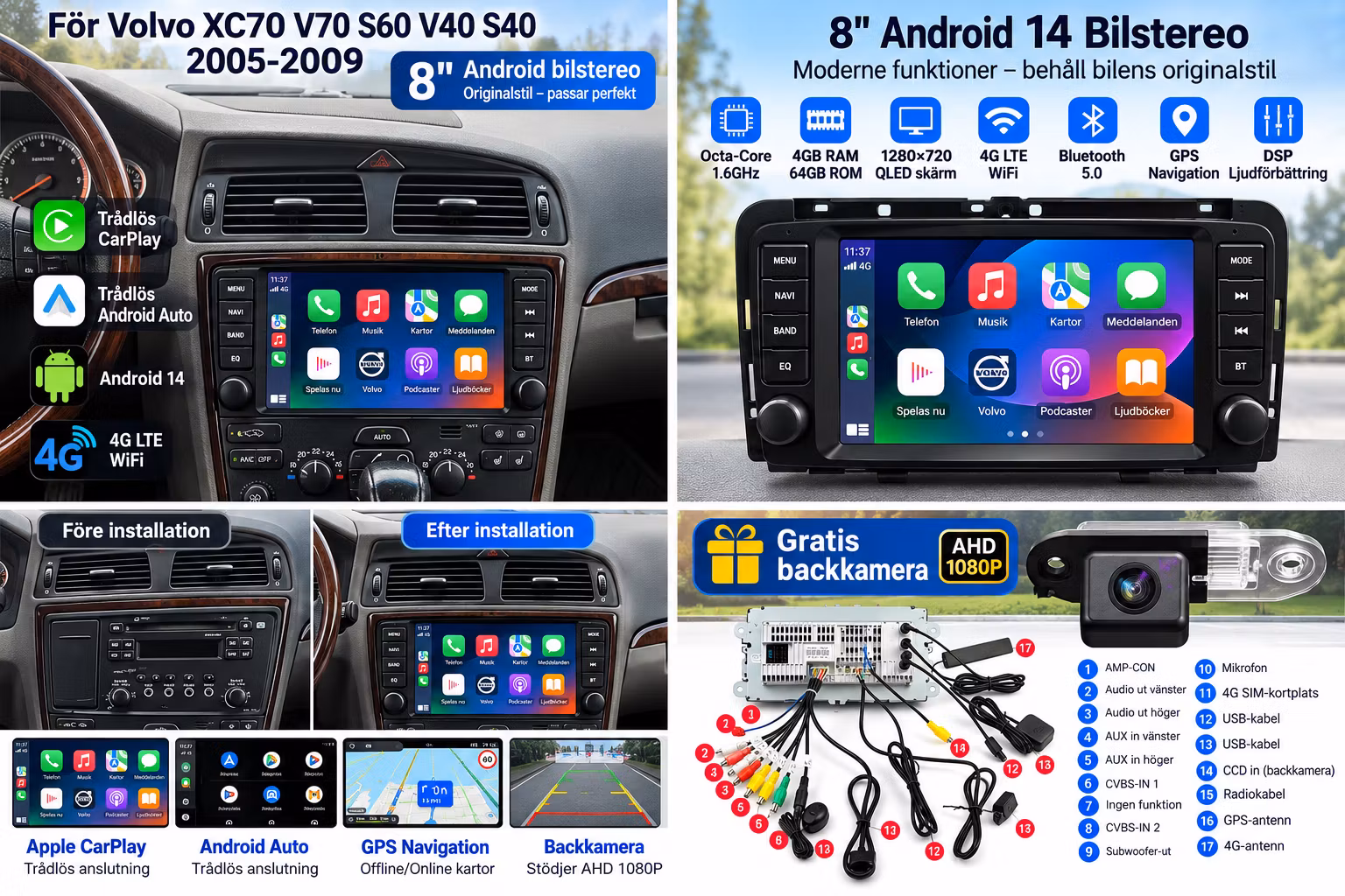 Volvo S60 V70 XC70 S40 V40 2005–2009 8” Android 14 Bilstereo 4GB+64GB – Trådlös CarPlay, Android Auto, 4G, GPS, DSP + Gratis AHD Backkamera