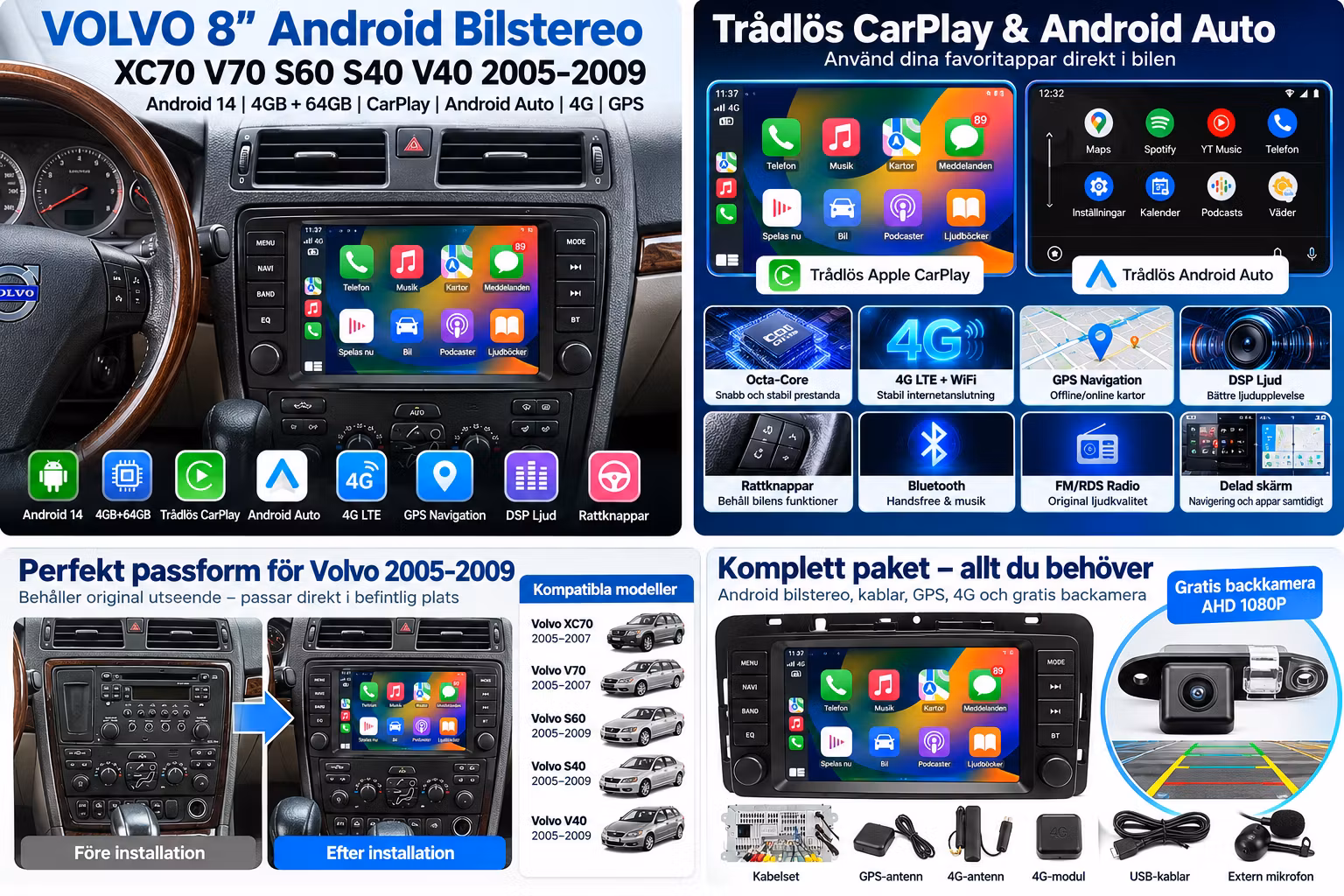Volvo S60 V70 XC70 S40 V40 2005–2009 8” Android 14 Bilstereo 4GB+64GB – Trådlös CarPlay, Android Auto, 4G, GPS, DSP + Gratis AHD Backkamera