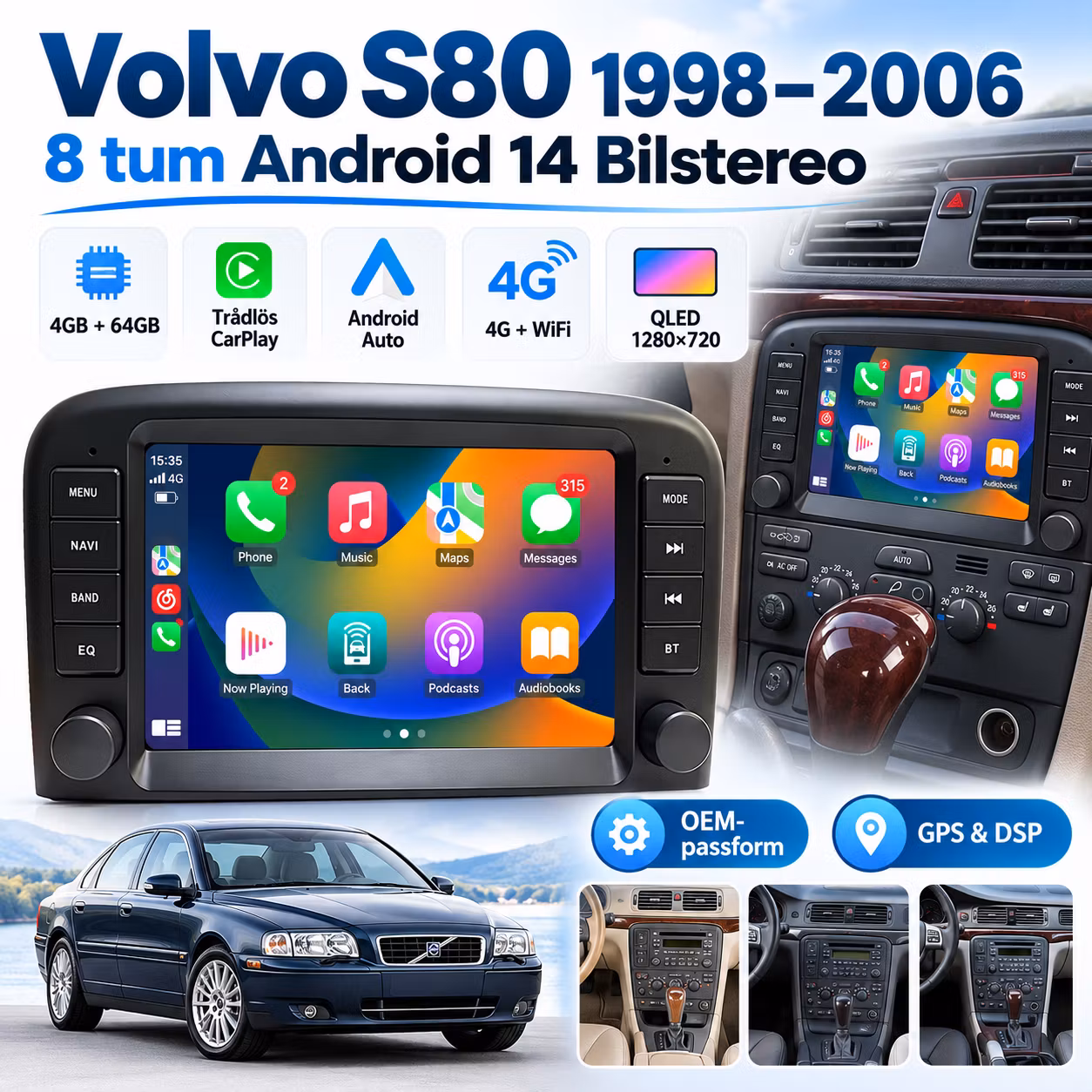 Volvo S80 1998–2006 Android 14 Bilstereo 8” QLED 4GB+64GB – Trådlös CarPlay, Android Auto, 4G, GPS & DSP