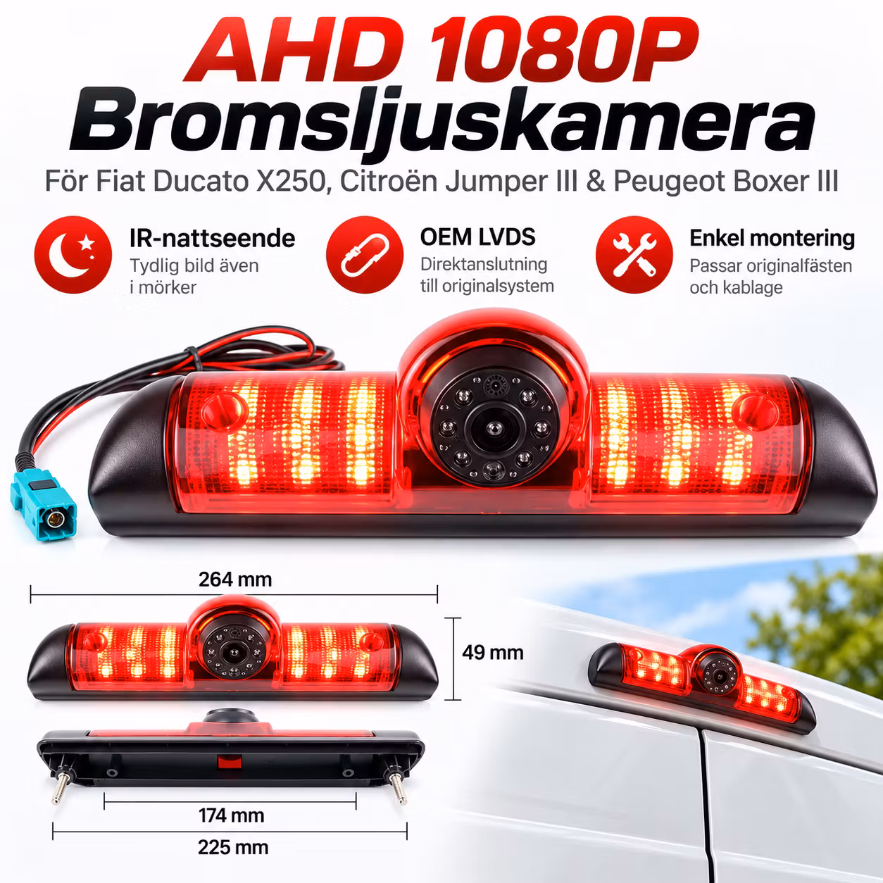 AHD 1080P Bromsljuskamera IR för Fiat Ducato X250, Citroën Jumper III & Peugeot Boxer III – Backkamera OEM LVDS