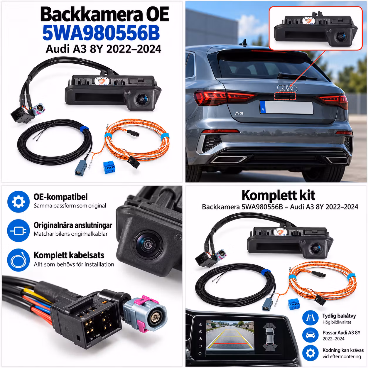 Backkamera 5WA980556B för Audi A3 8Y 2022 – Parkeringskamera med bakluckehandtag & kabelsats