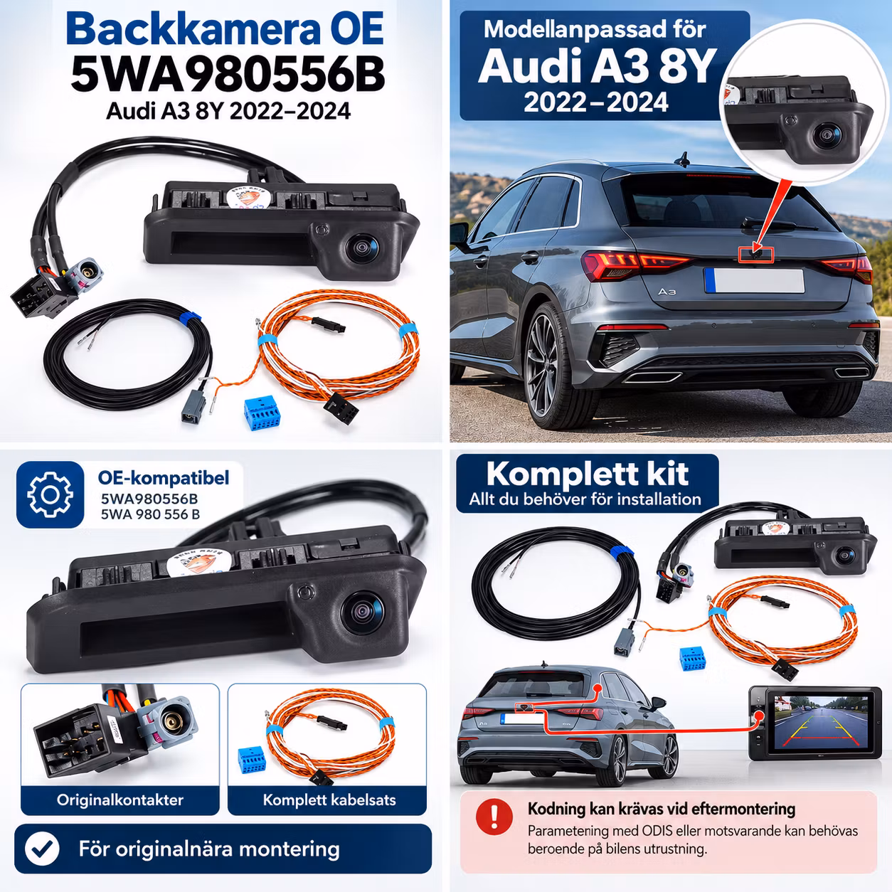 Backkamera 5WA980556B för Audi A3 8Y 2022 – Parkeringskamera med bakluckehandtag & kabelsats