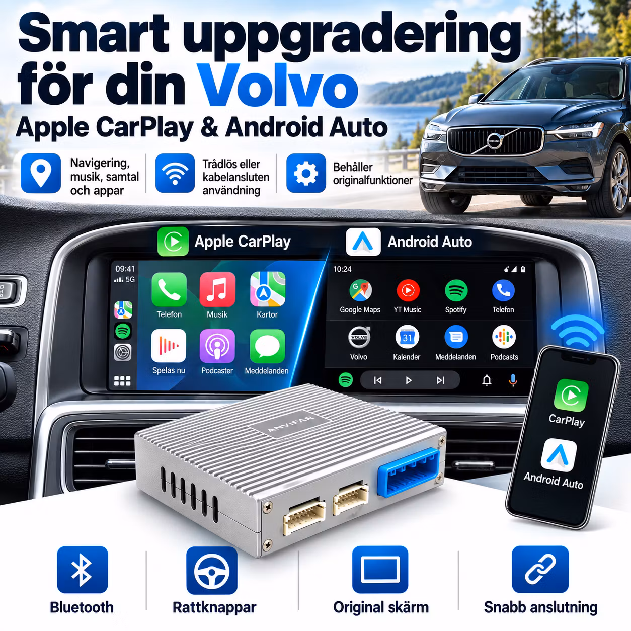 Carplay&android  auto box Volvo xc60  ( 2014-2017) + GRATIS BACKKAMERA