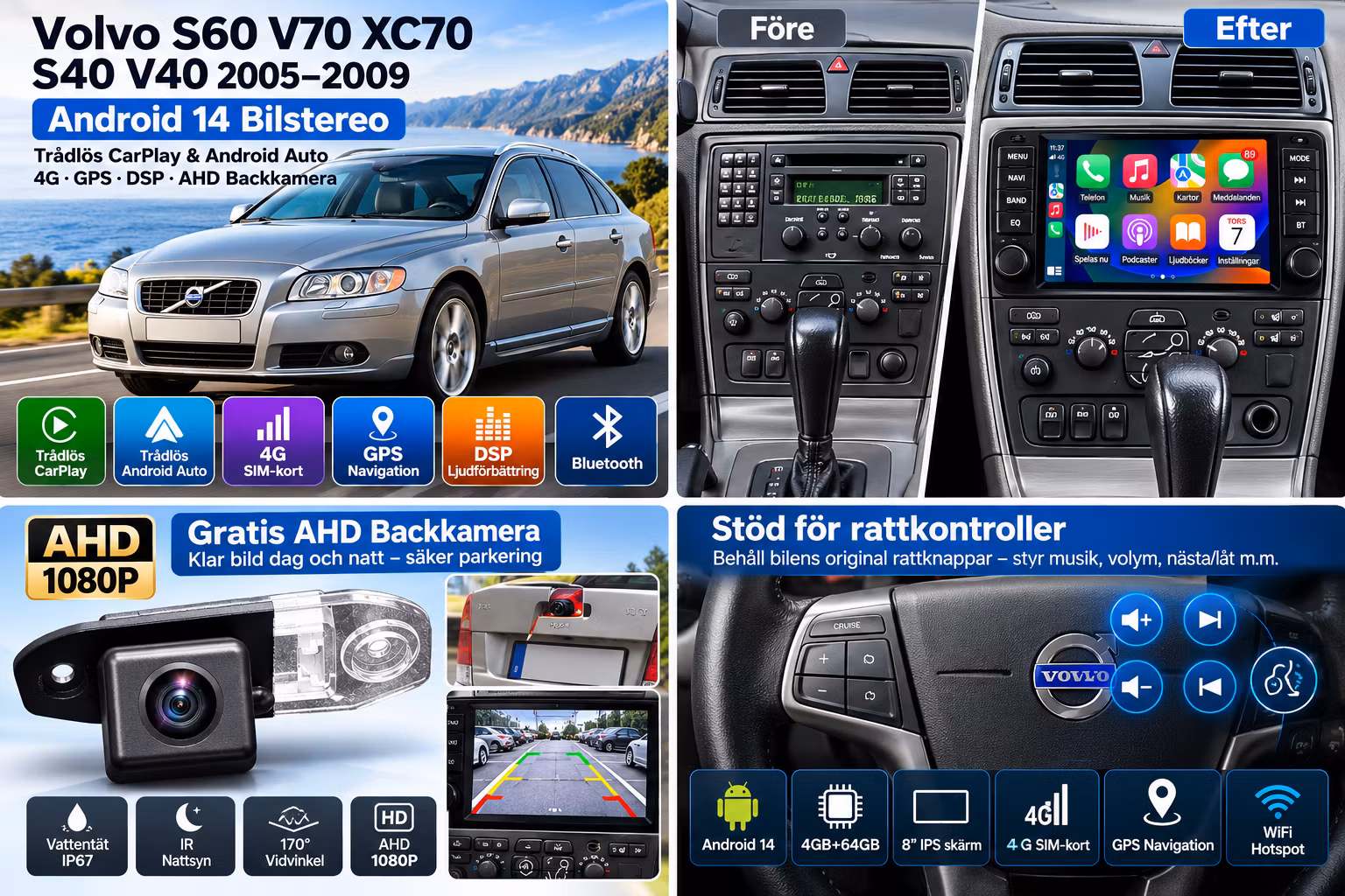 Volvo S60 V70 XC70 S40 V40 2005–2009 8” Android 14 Bilstereo 4GB+64GB – Trådlös CarPlay, Android Auto, 4G, GPS, DSP + Gratis AHD Backkamera