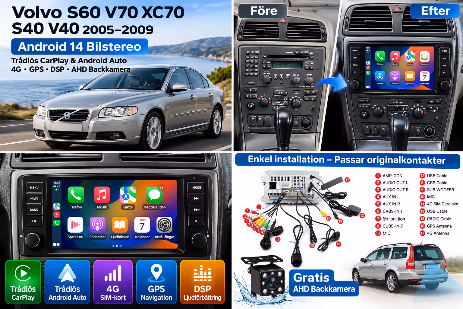 Volvo S60 V70 XC70 S40 V40 2005–2009 8” Android 14 Bilstereo 4GB+64GB – Trådlös CarPlay, Android Auto, 4G, GPS, DSP + Gratis AHD Backkamera