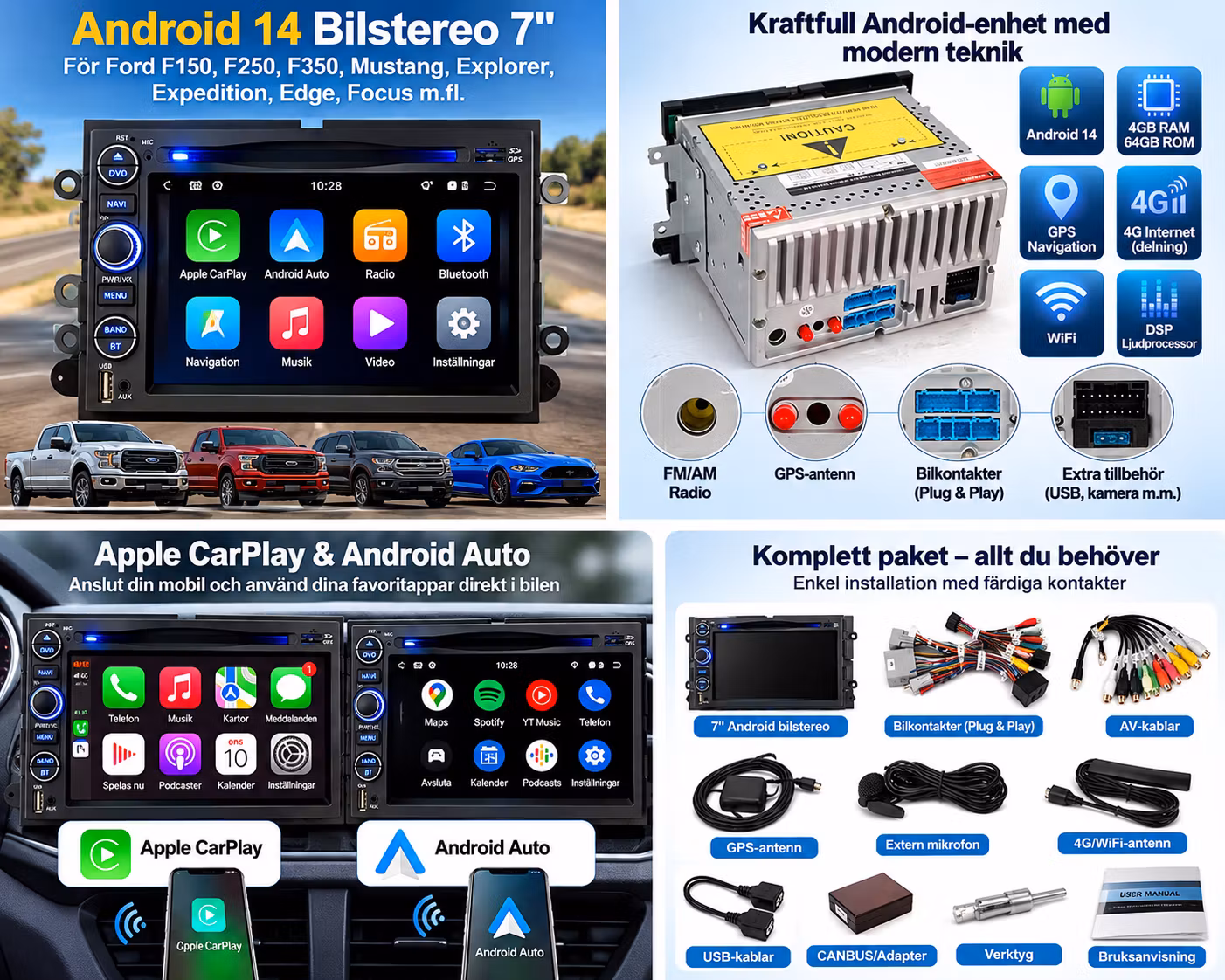 Android 14 Bilstereo 7" för Ford F150, F250, F350, Mustang, Explorer, Expedition, Edge, Focus m.fl. – 4GB RAM, 64GB ROM, Trådlös Apple CarPlay & Android Auto, GPS, 4G, DSP + Gratis Backkamera