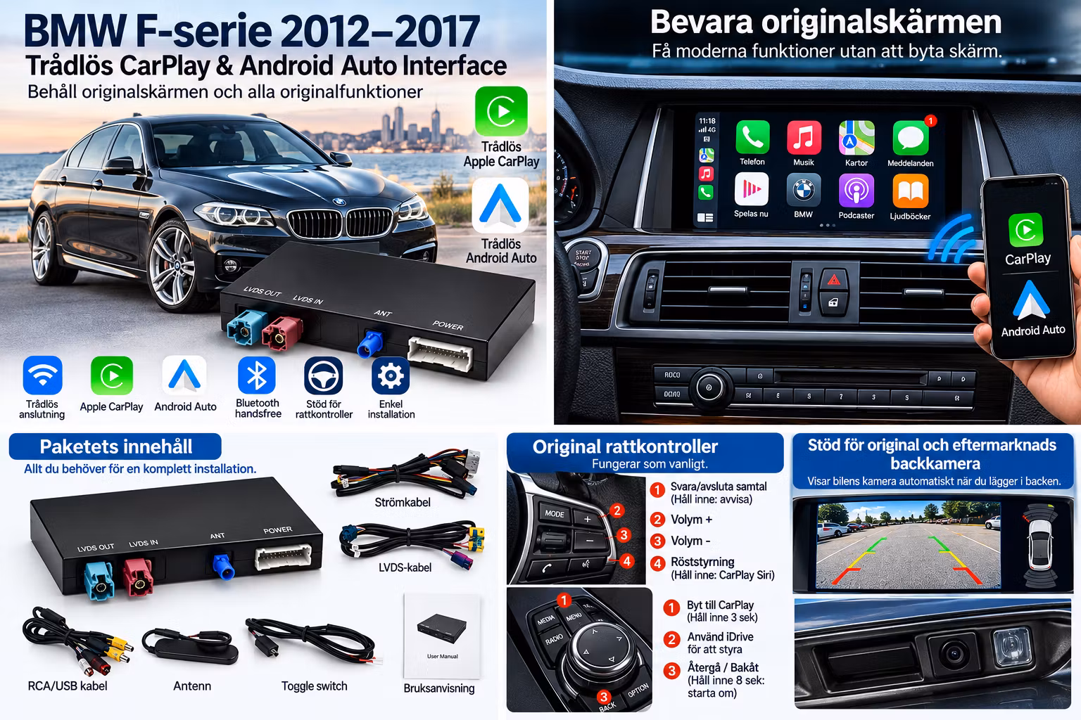 NBT CarPlay & Android Auto Interface för BMW F-serie 2012–2017 – Trådlös Multimedia Display