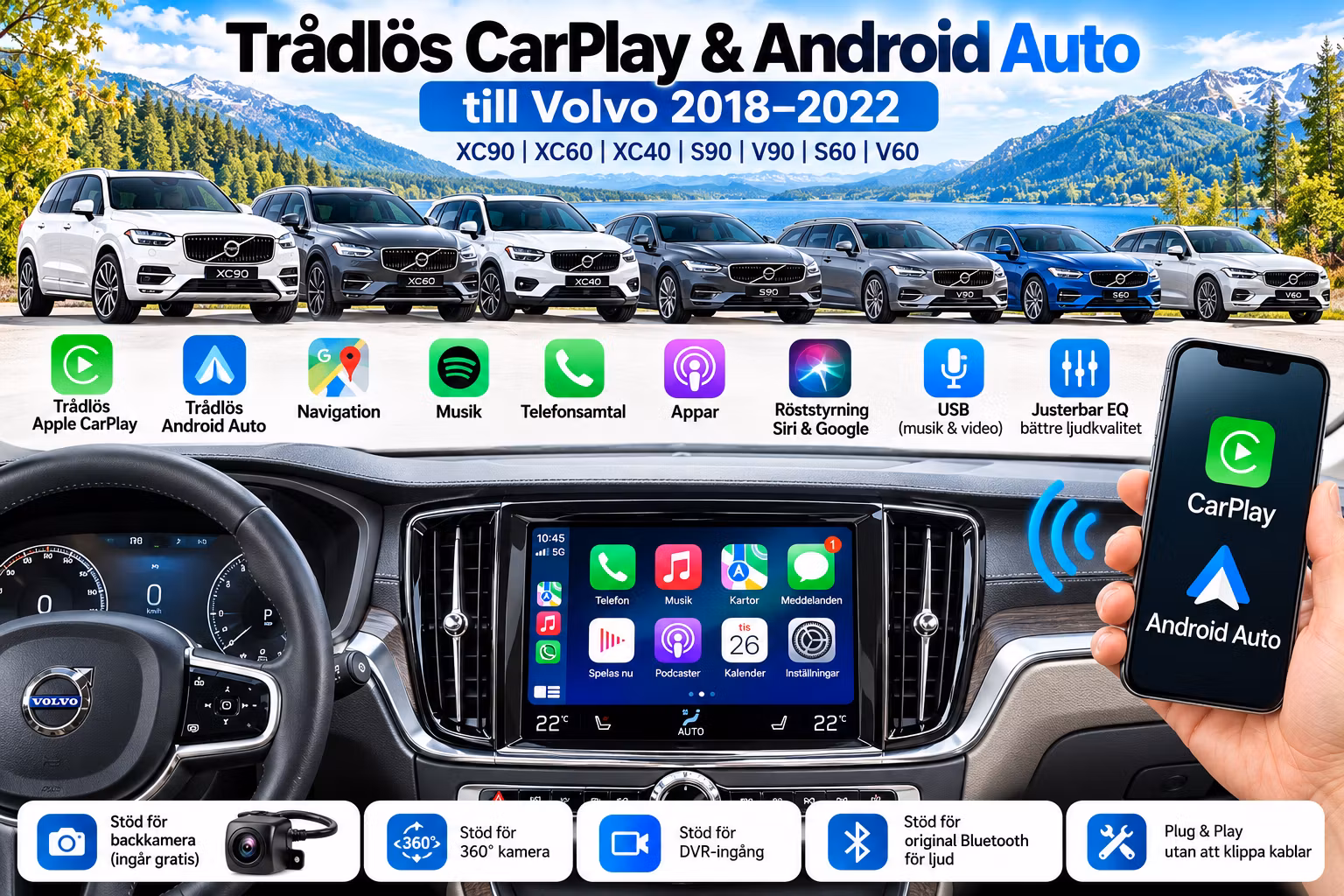 Trådlös Apple CarPlay & Android Auto MMI Box till Volvo XC90 XC60 XC40 S90 V90 S60 V60 2018–2022 – Plug & Play + Gratis Backkamera