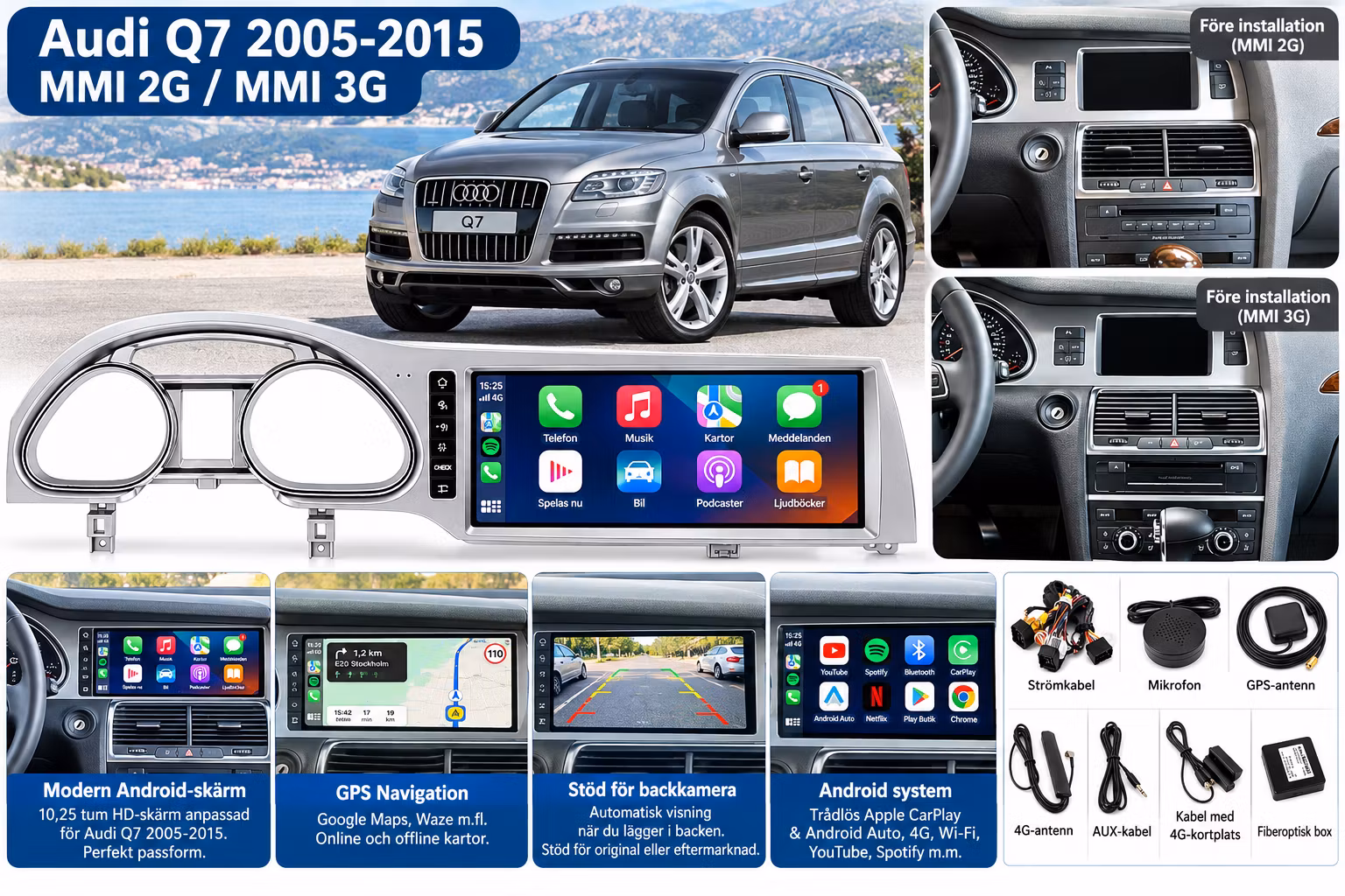 Audi Q7 2005–2015 Android 15 Bilstereo 10,25” – Snapdragon 680 8GB/128GB, 4G, CarPlay, Android Auto, GPS, MMI 2G/3G