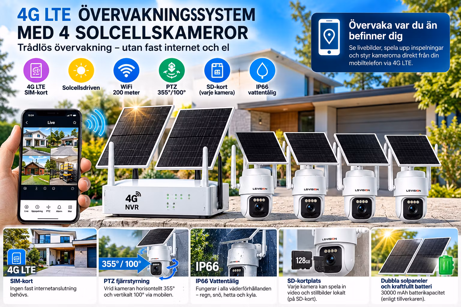 4G LTE NVR Övervakningssystem med 4 Solcellsdrivna PTZ-kameror – SIM-kort, WiFi 200 m, 30000 mAh, IP66 & Mobilövervakning