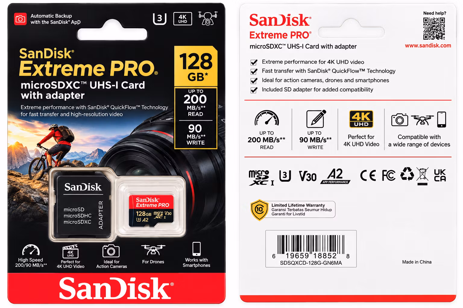 TF minneskort- SanDisk Extreme PRO 128GB microSDXC UHS-I Minneskort – 200 MB/s, 90 MB/s, 4K UHD, U3, V30, A2 + SD-adapter