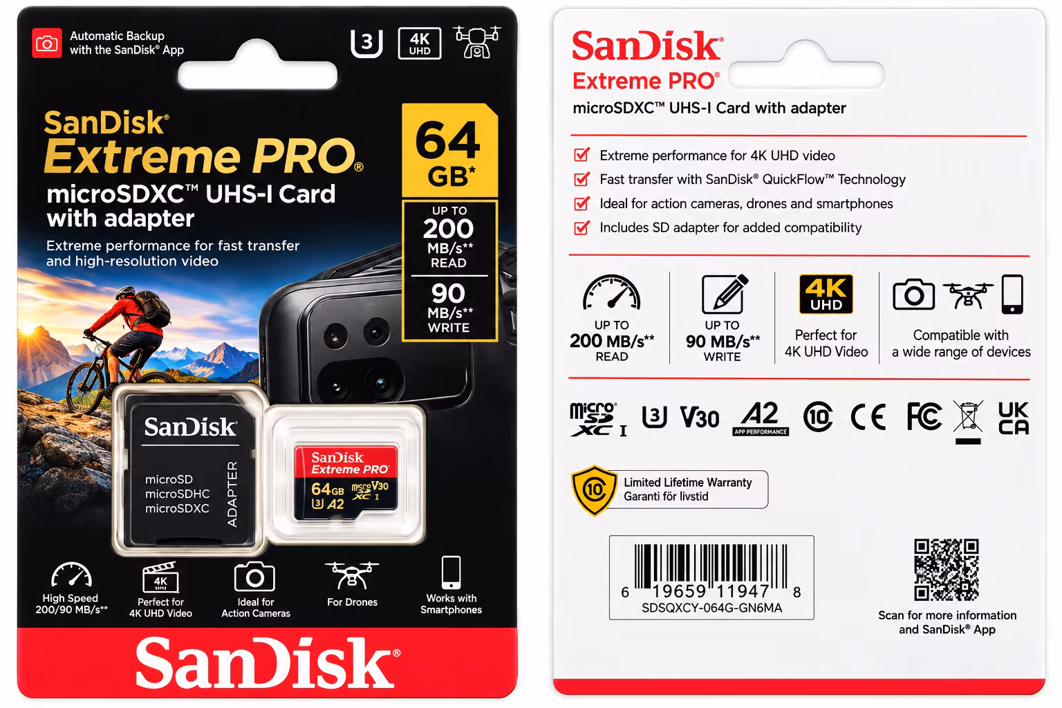 TF minneskort- SanDisk Extreme PRO 64GB microSDXC UHS-I Minneskort – 200MB/s, 90MB/s, 4K UHD, U3, V30, A2 + SD-adapter