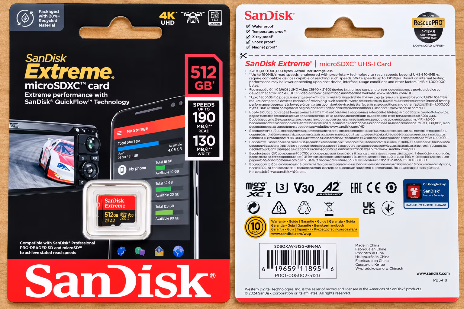 TF minneskort- SanDisk Extreme 512GB microSDXC Minneskort – 190 MB/s, 4K UHD, U3, V30, A2 – För Övervakningskamera, Dashcam, Drönare & Mobil