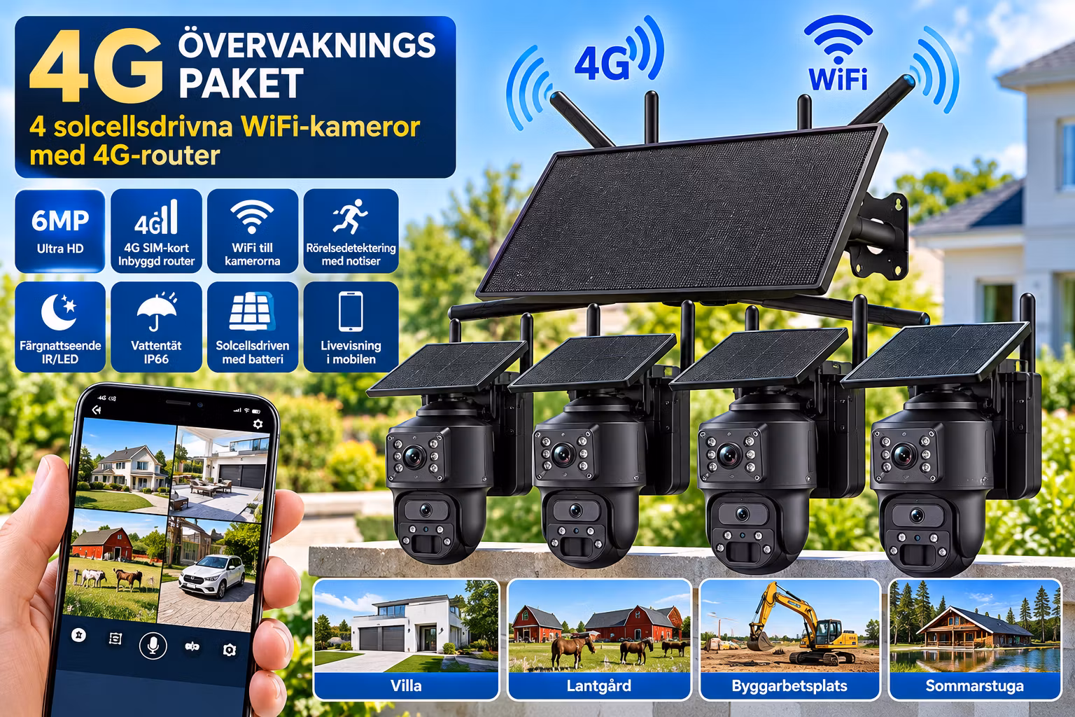4G LTE Solcellsdrivet Övervakningssystem med 4 Trådlösa 6MP WiFi PTZ-kameror – AI Persondetektering, Rörelsesensor, Mörkerseende, SIM-kort & Mobilapp – Utomhus IP66