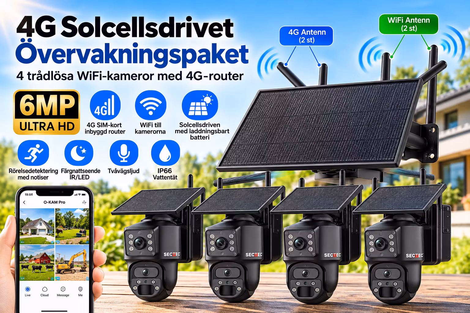 4G LTE Solcellsdrivet Övervakningssystem med 4 Trådlösa 6MP WiFi PTZ-kameror – AI Persondetektering, Rörelsesensor, Mörkerseende, SIM-kort & Mobilapp – Utomhus IP66