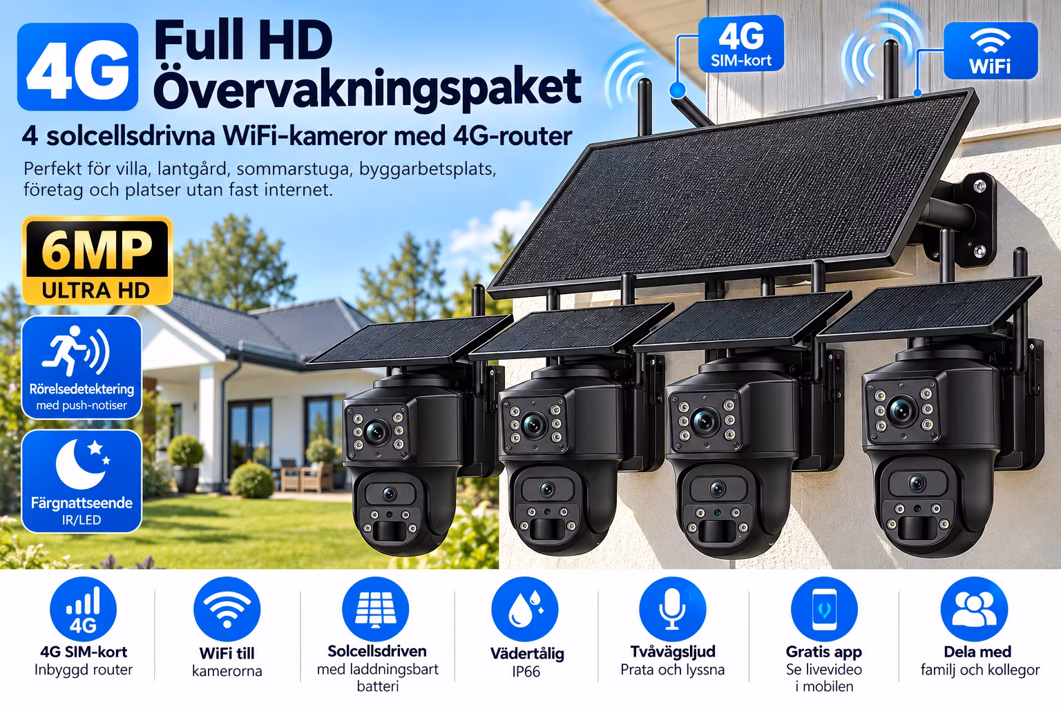 4G LTE Solcellsdrivet Övervakningssystem med 4 Trådlösa 6MP WiFi PTZ-kameror – AI Persondetektering, Rörelsesensor, Mörkerseende, SIM-kort & Mobilapp – Utomhus IP66