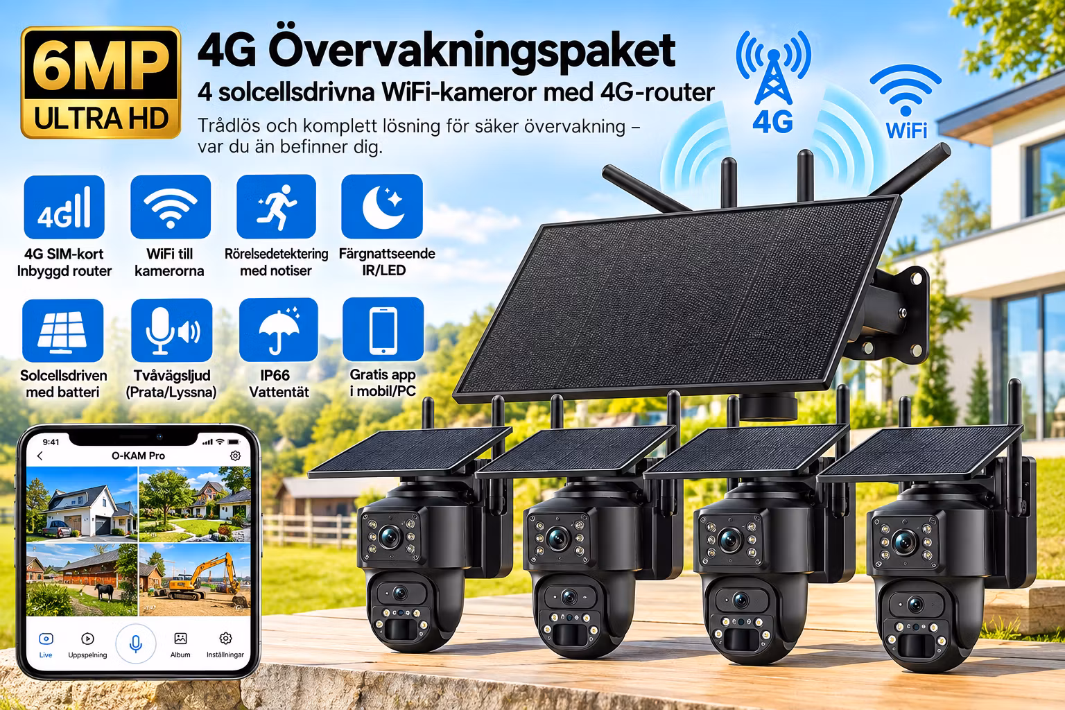 4G LTE Solcellsdrivet Övervakningssystem med 4 Trådlösa 6MP WiFi PTZ-kameror – AI Persondetektering, Rörelsesensor, Mörkerseende, SIM-kort & Mobilapp – Utomhus IP66
