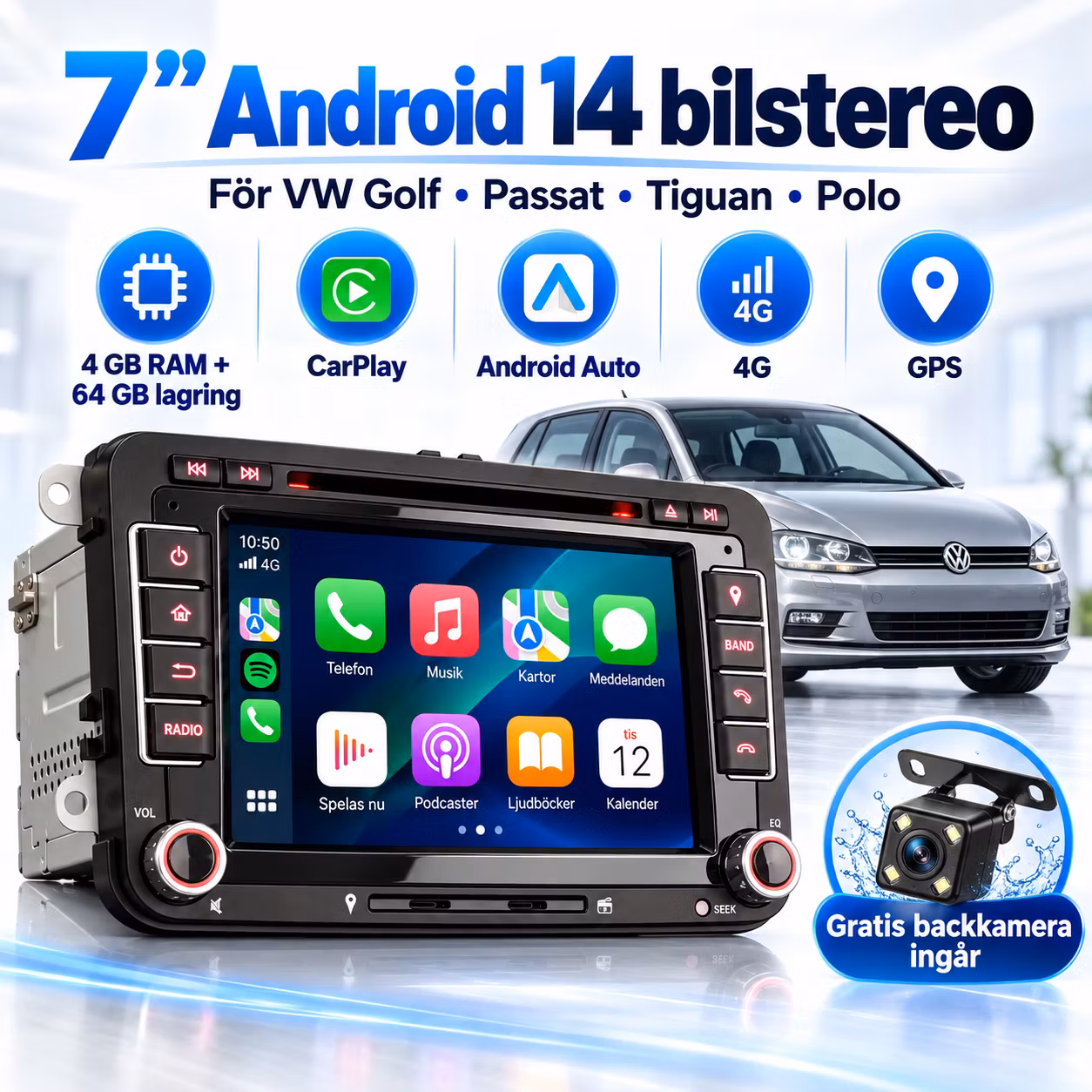 7" Android 14 Bilstereo VW Golf Passat Tiguan Polo,  – CarPlay, Android Auto, 4G, DSP, 4/64 GB + Gratis backkamera