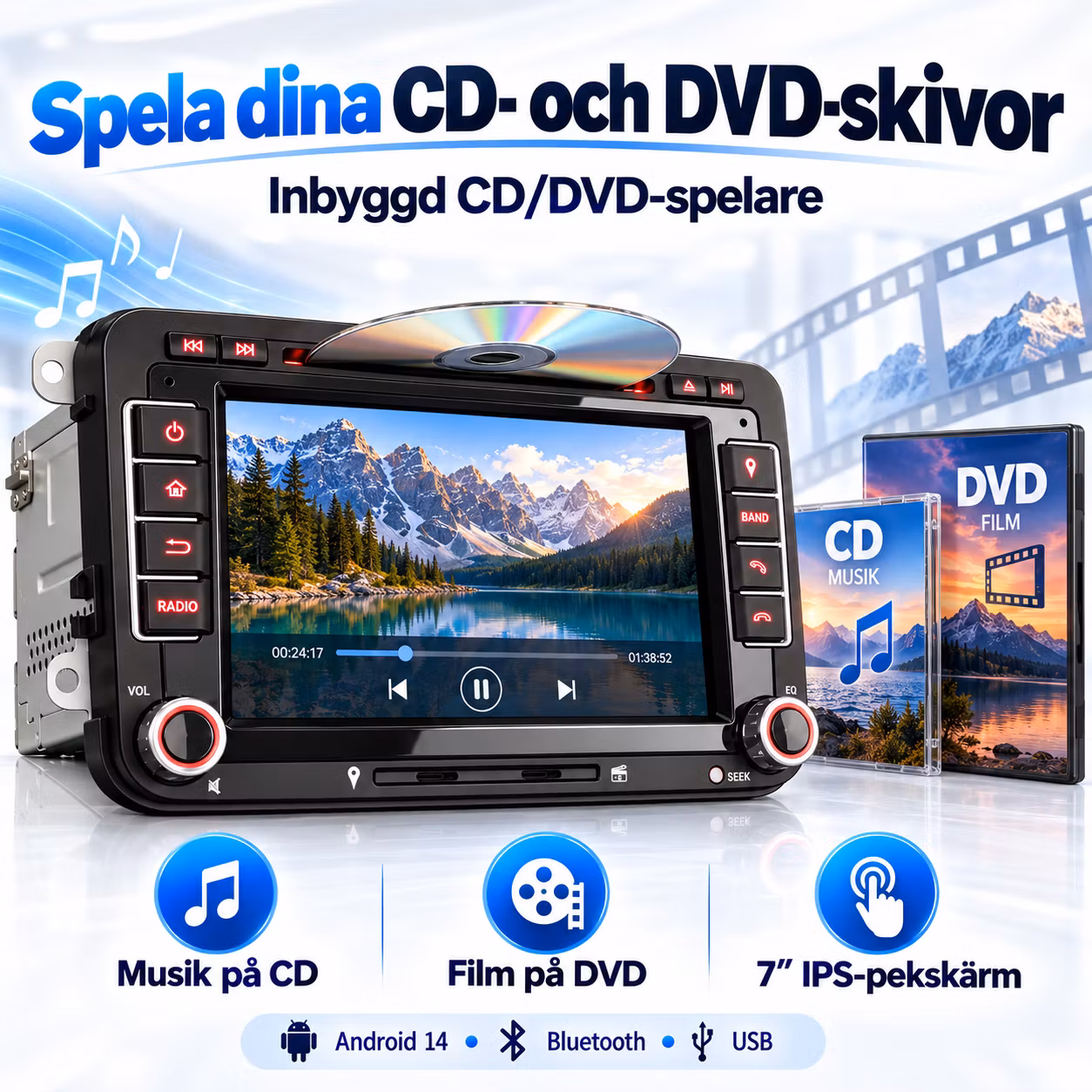 7" Android 14 Bilstereo VW Golf Passat Tiguan Polo,  – CarPlay, Android Auto, 4G, DSP, 4/64 GB + Gratis backkamera