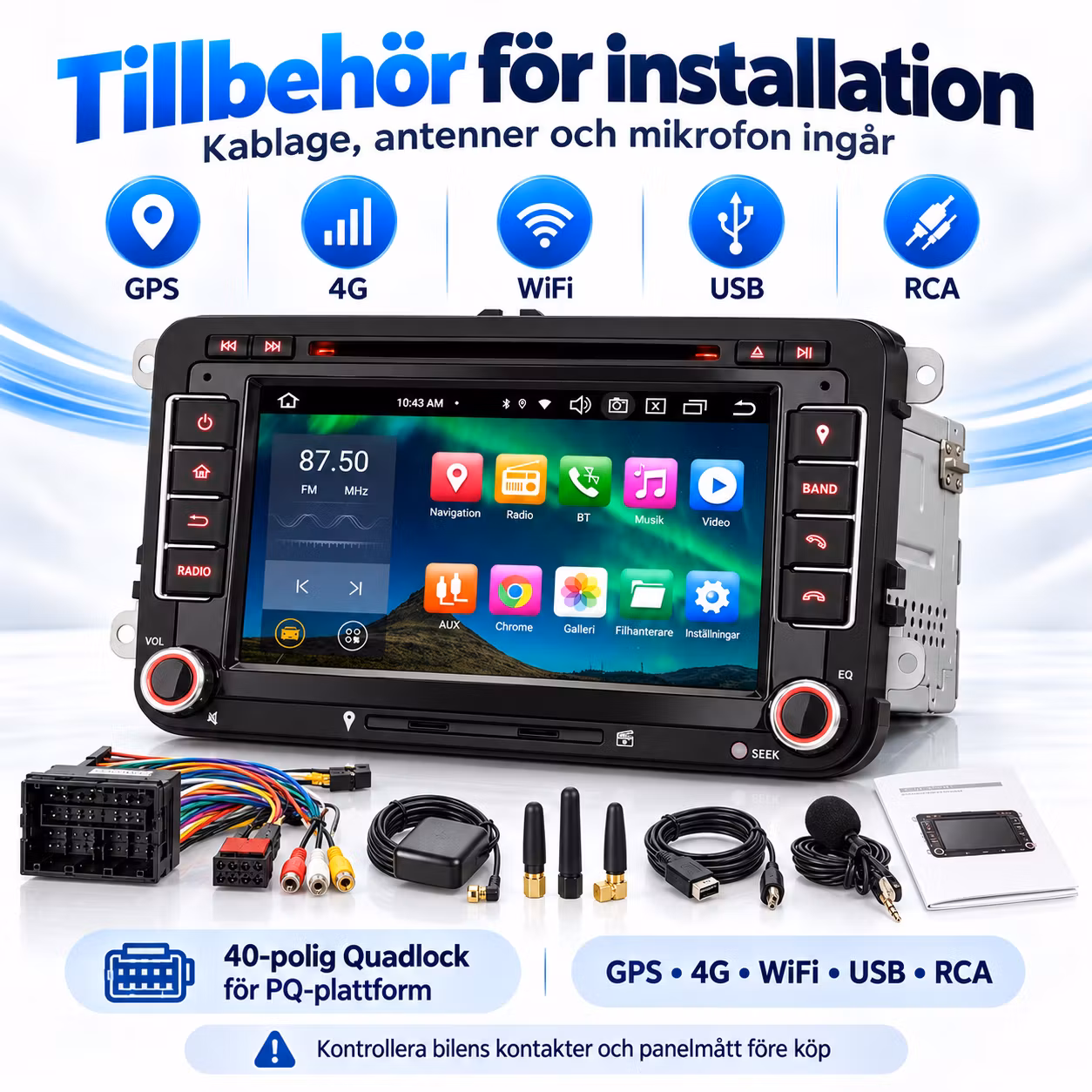 7" Android 14 Bilstereo VW Golf Passat Tiguan Polo,  – CarPlay, Android Auto, 4G, DSP, 4/64 GB + Gratis backkamera