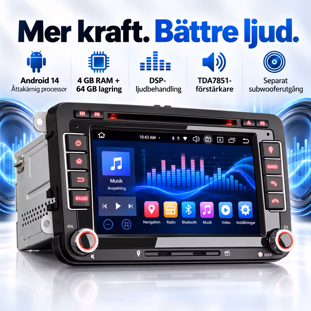 7" Android 14 Bilstereo VW Golf Passat Tiguan Polo,  – CarPlay, Android Auto, 4G, DSP, 4/64 GB + Gratis backkamera