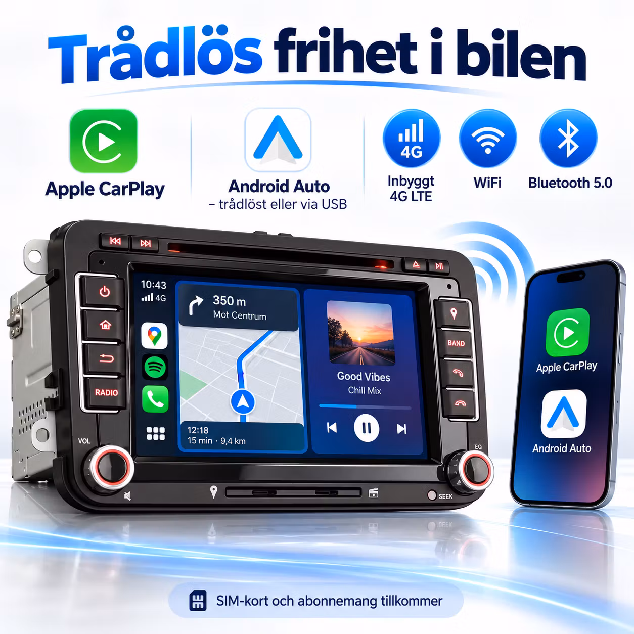 7" Android 14 Bilstereo VW Golf Passat Tiguan Polo,  – CarPlay, Android Auto, 4G, DSP, 4/64 GB + Gratis backkamera