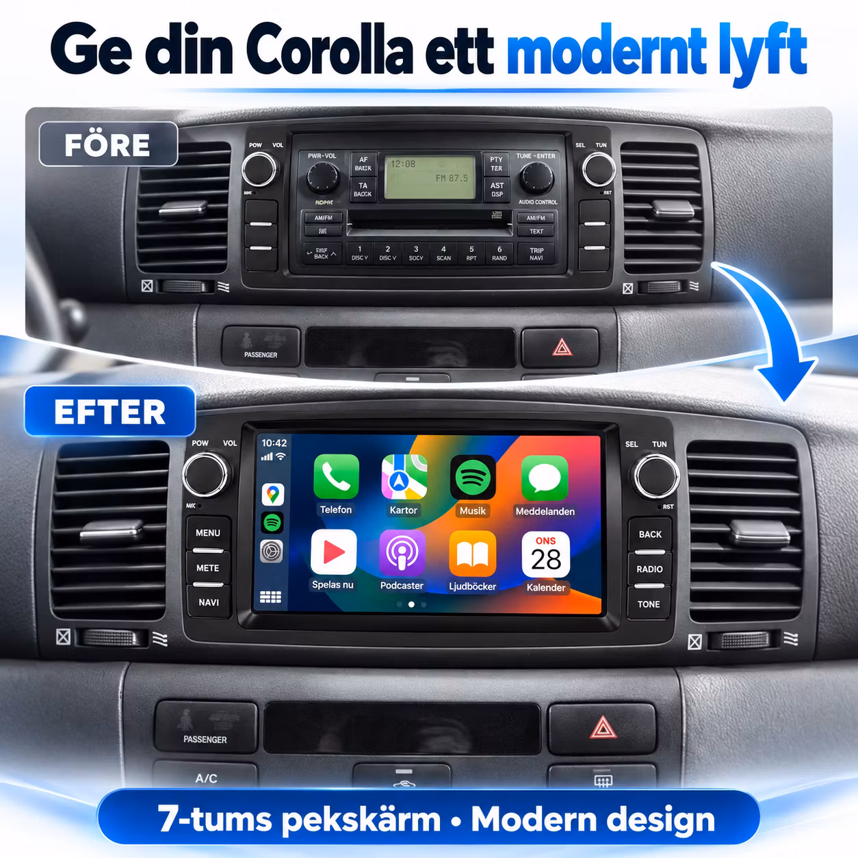 7" android 15 bilstereo Toyota Corolla E120 (1990-2007 )   gps, carplay,andrpid auto, rds, wifi Dsp, 4GB+ 64GB,Gratis backkamera,