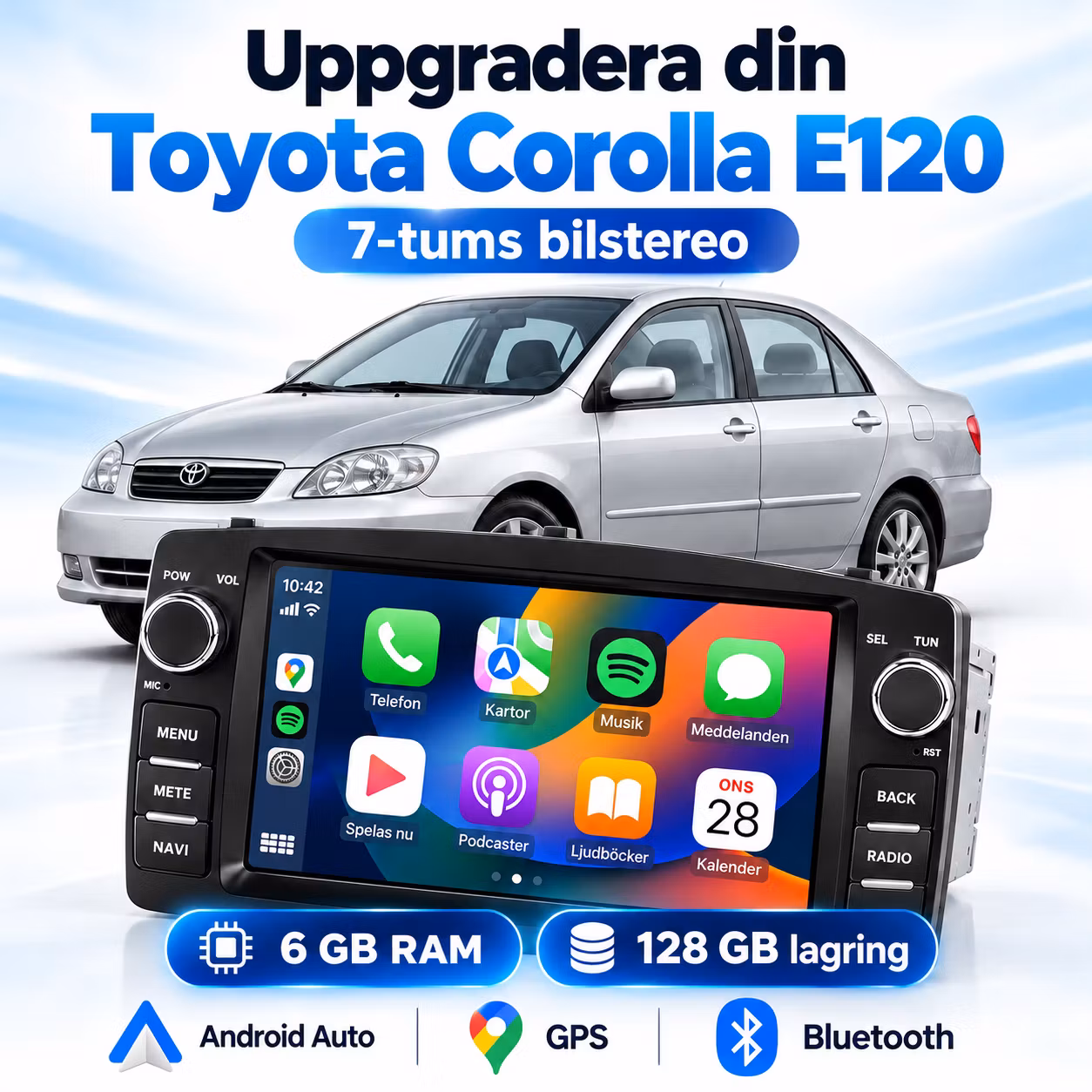 7" android 15 bilstereo Toyota Corolla E120 (1990-2007 )   gps, carplay,andrpid auto, rds, wifi Dsp, 6GB+ 128GB,Gratis backkamera,