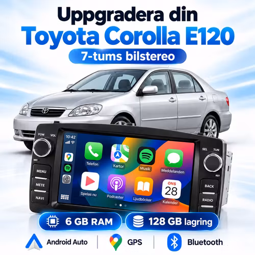 7" android 15 bilstereo Toyota Corolla E120 (1990-2007 )   gps, carplay,andrpid auto, rds, wifi Dsp, 6GB+ 128GB,Gratis backkamera,