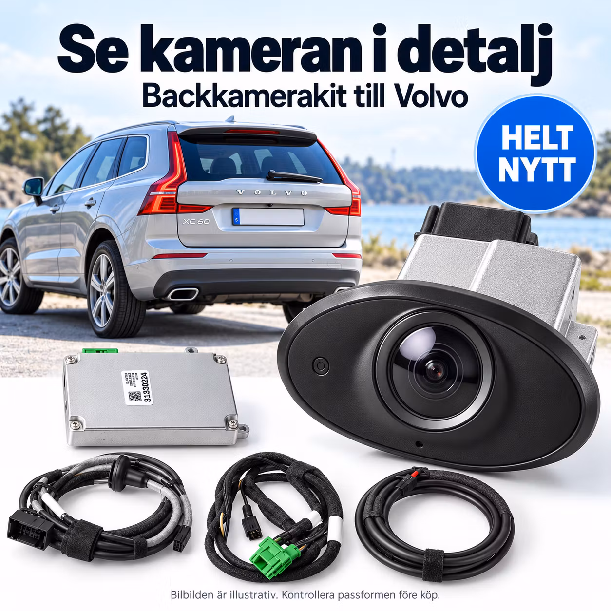 Backkamerakit Volvo S80 V70 XC70 XC90 2007–2016 – Kamera 31201009, styrenhet 31330224 & kablage