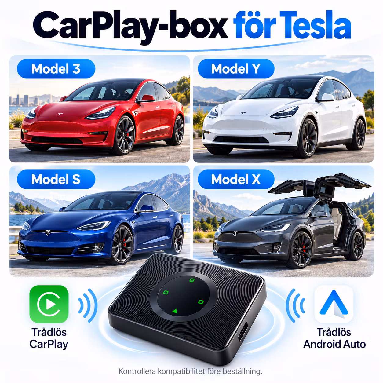 Trådlös CarPlay & Android Auto-box för Tesla Model Y 2019–, Model 3 2020–, Model S/X 2017–2019