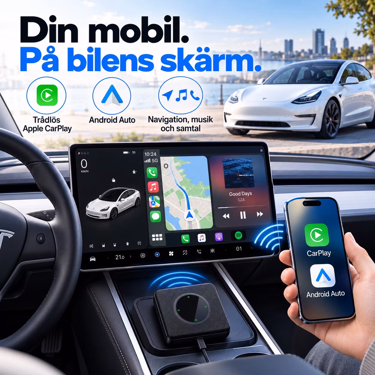 Trådlös CarPlay & Android Auto-box för Tesla Model Y 2019–, Model 3 2020–, Model S/X 2017–2019